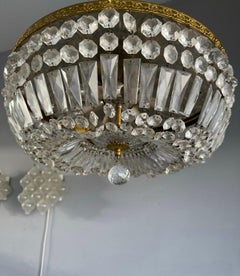 Large Vintage Gilt Bronze and Beaded Crystal Glass 6-Light Flush Mount, Fixture