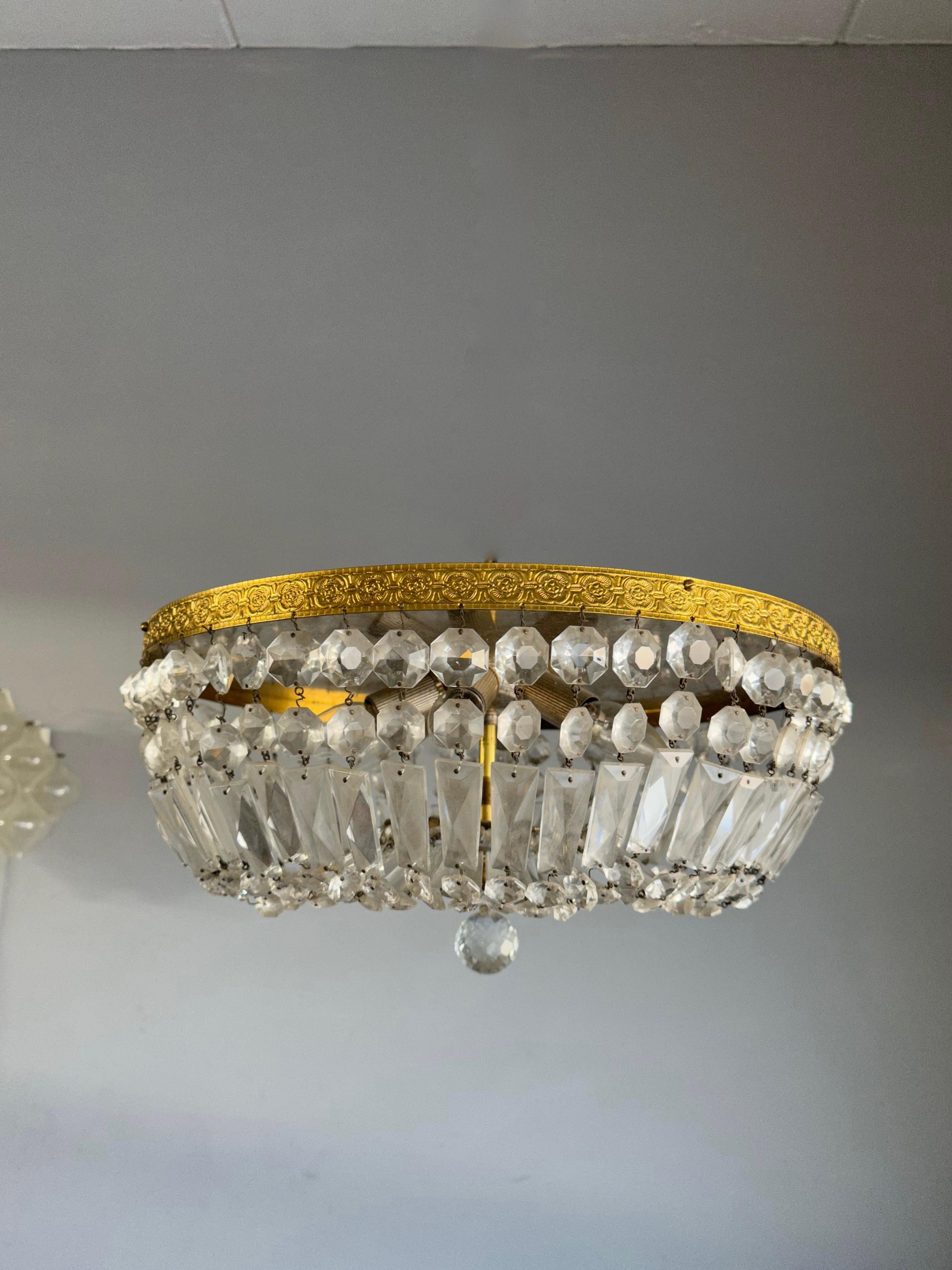 20th Century Large Vintage Gilt Bronze and Beaded Crystal Glass 6-Light Flush Mount, Fixture For Sale