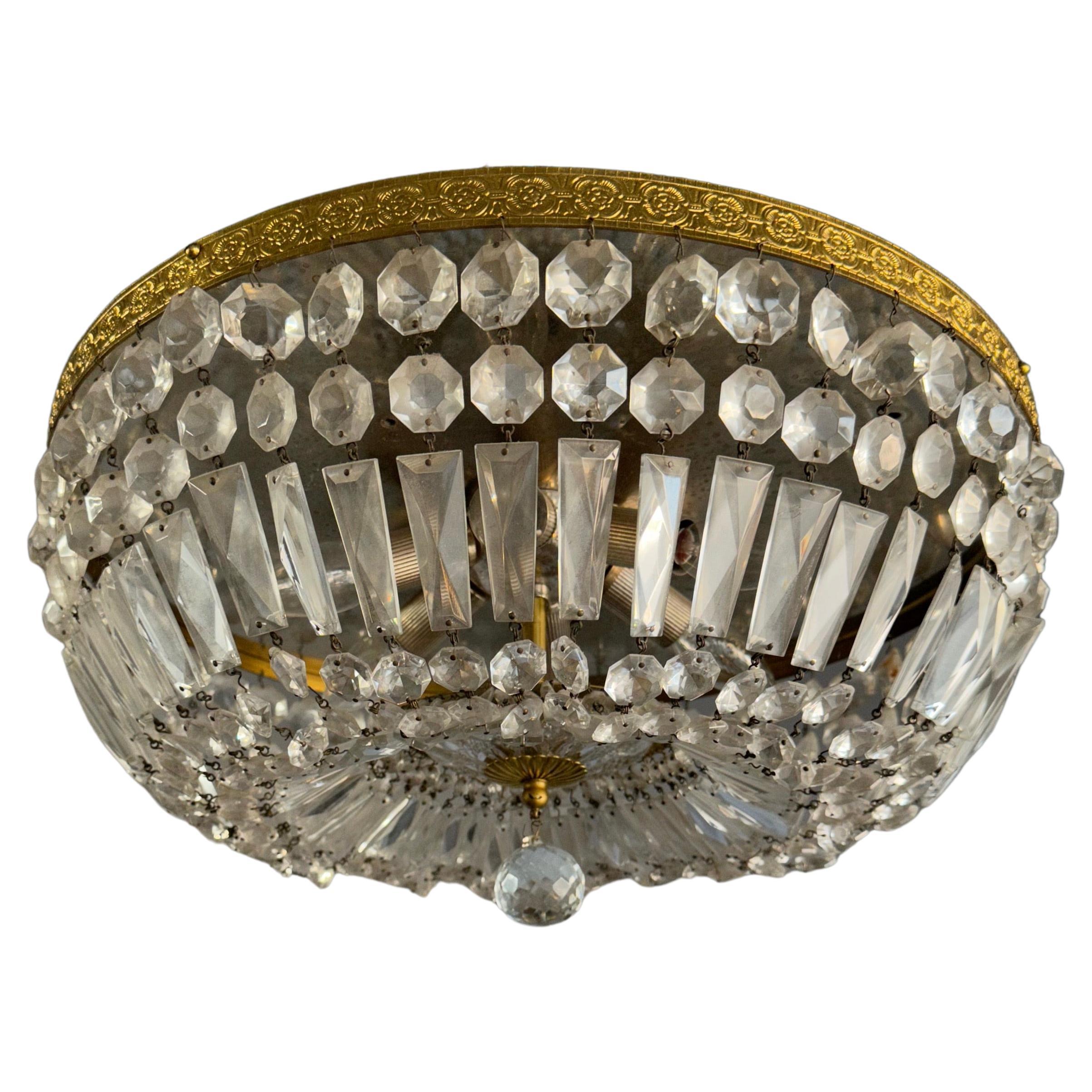 Große Einbaubeleuchtung aus vergoldeter Bronze und perlenbesetztem Kristallglas, Vintage