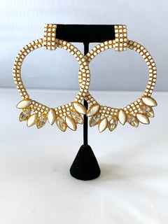 Large Vintage Gilt White Rhinestone Hoop Statement Earrings