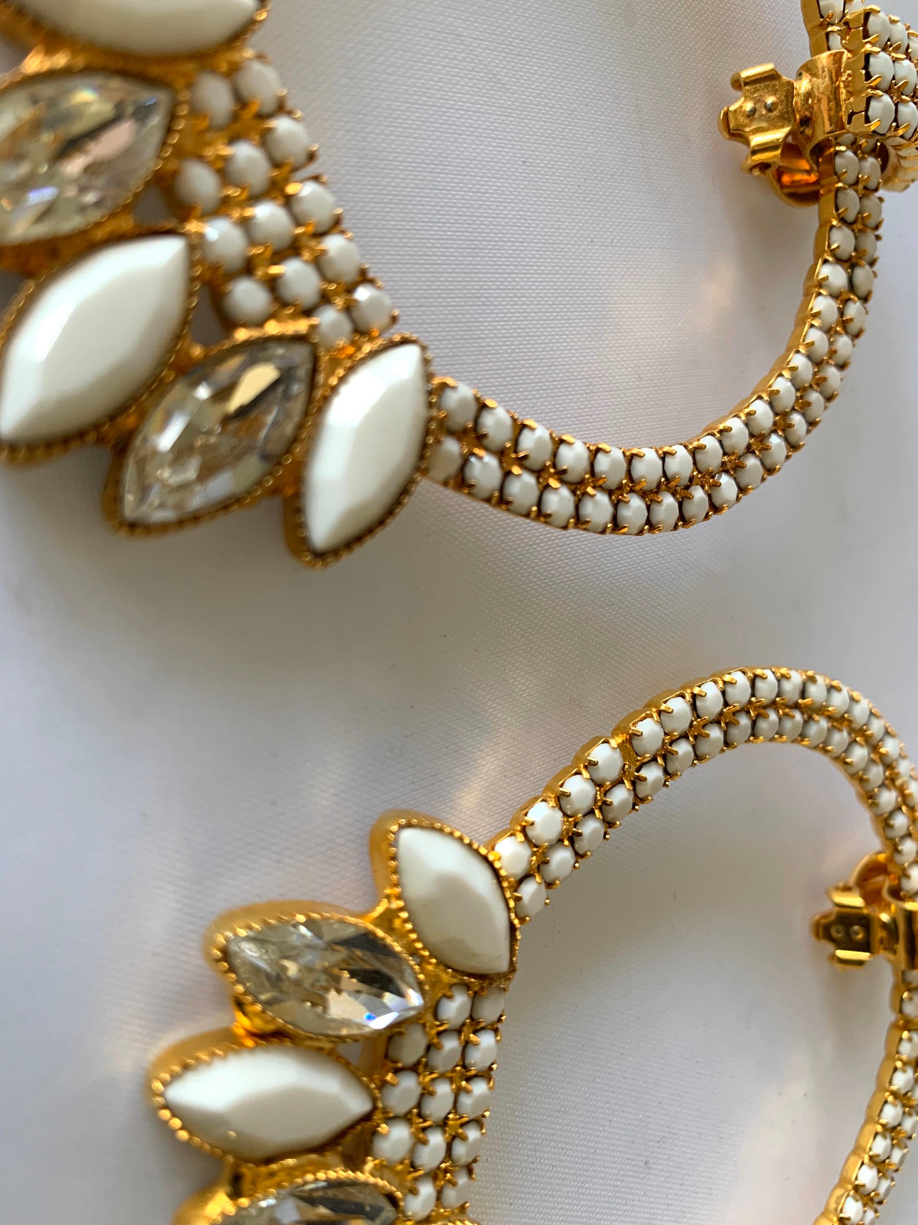 Women's Large Vintage Gilt White Rhinestone Hoop Statement Earrings 