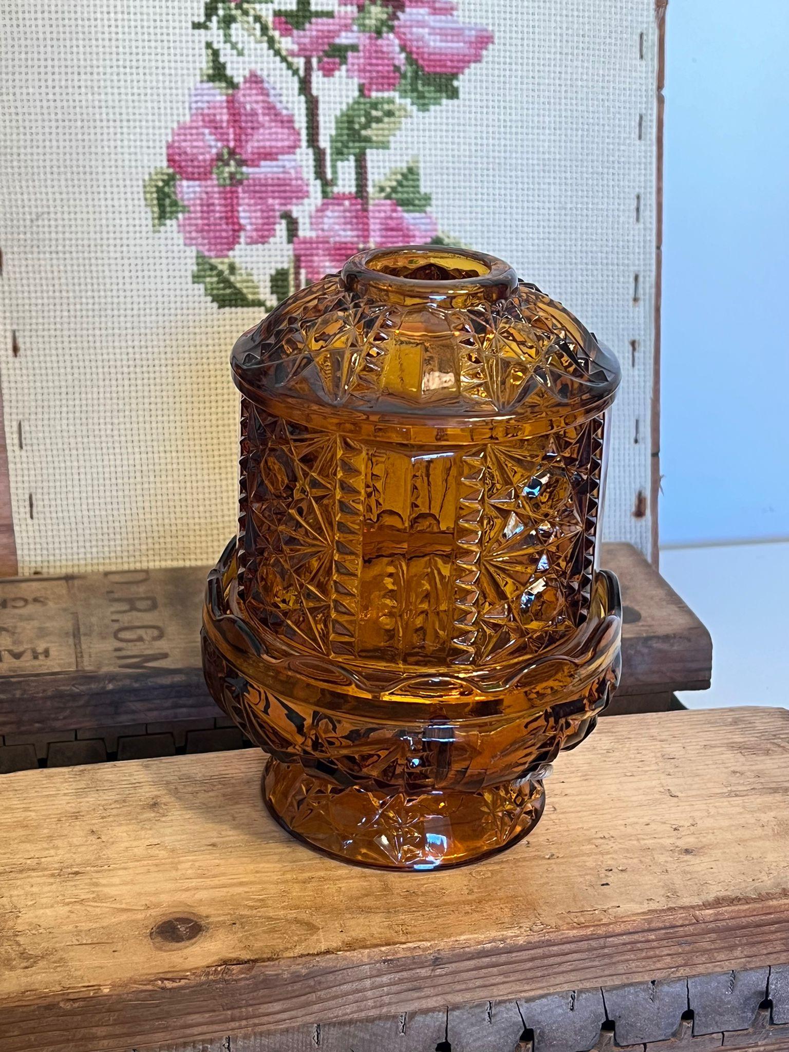 Large glass amber Candle Holder. Fairy Lamp. Vintage Condition as pictured. Listing is only for described item.

Dimensions. 5 W ; 5 D ; 6 1/2 D