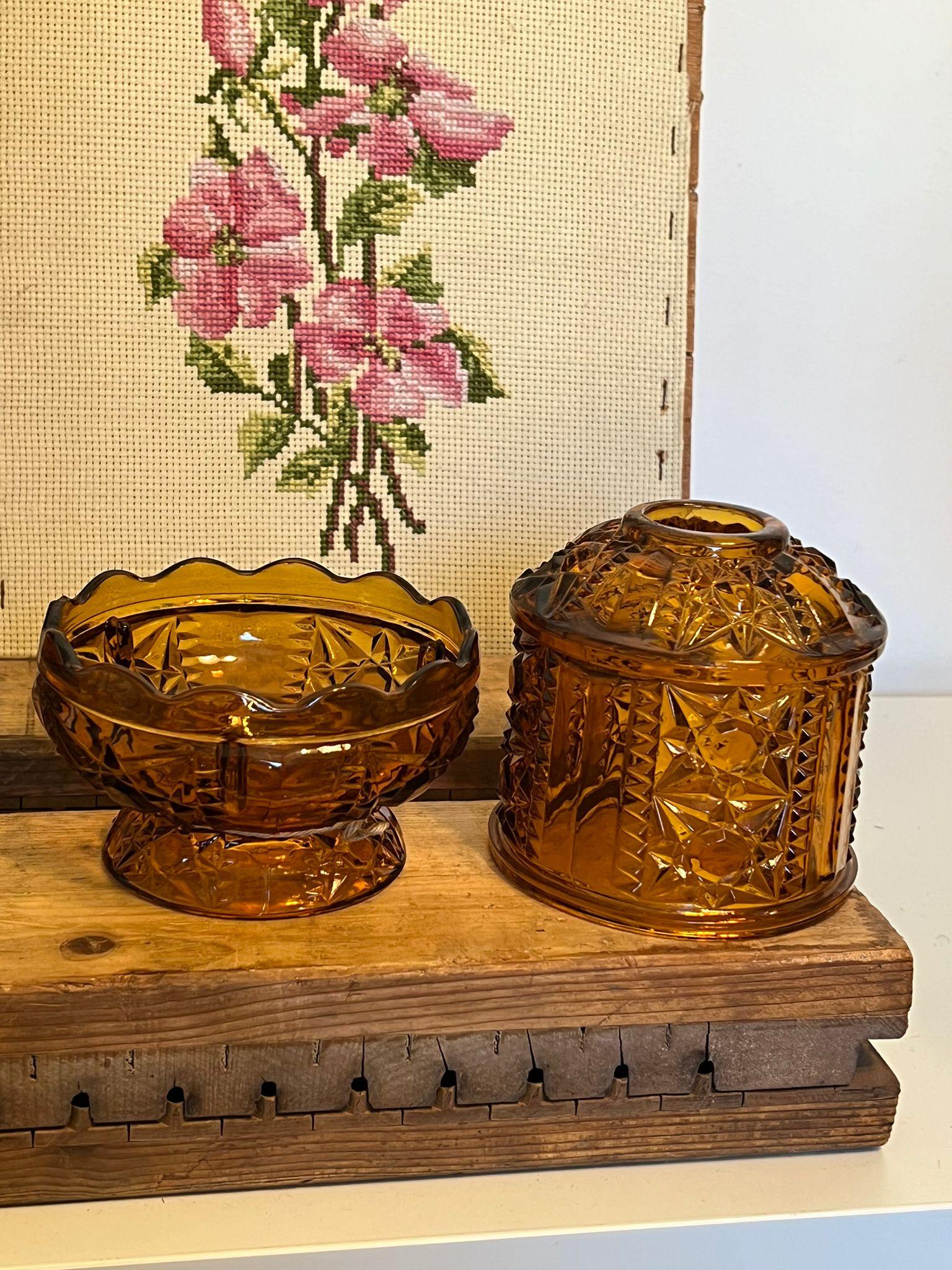 Mid-Century Modern Large Vintage Glass Amber Fairy Lamp Stars and Bars Design Candle Holder.