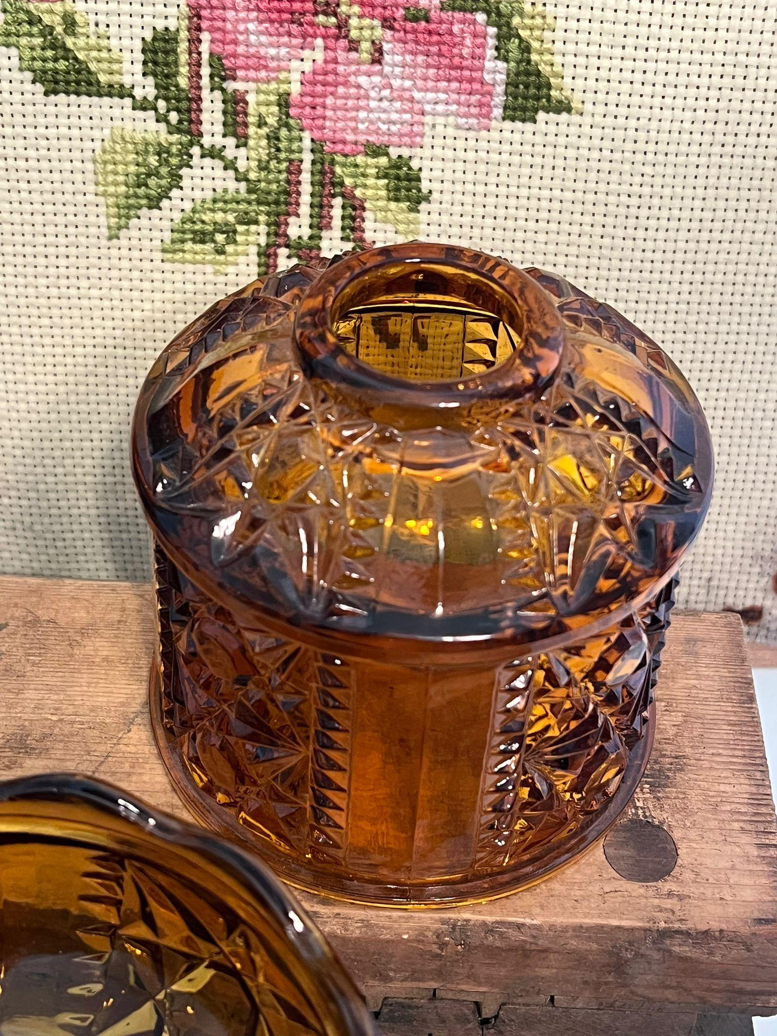 Large Vintage Glass Amber Fairy Lamp Stars and Bars Design Candle Holder. 1
