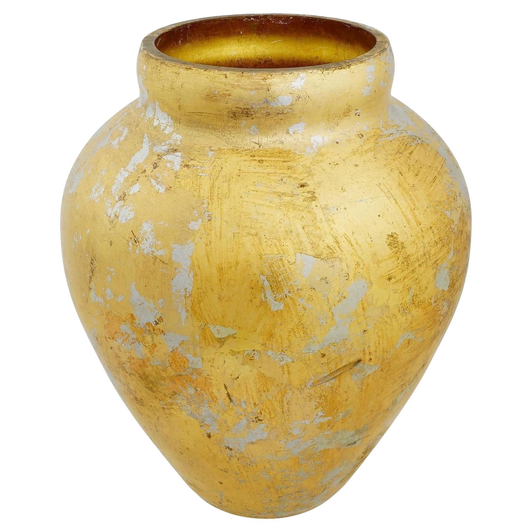 Grande vaso da centrotavola in vetro decorato con foglie d'oro vintage