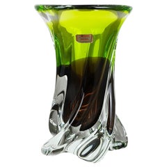 Large Vintage Green Brown Hand Blown Crystal Glass Vase by Joska, Germany, 1970s