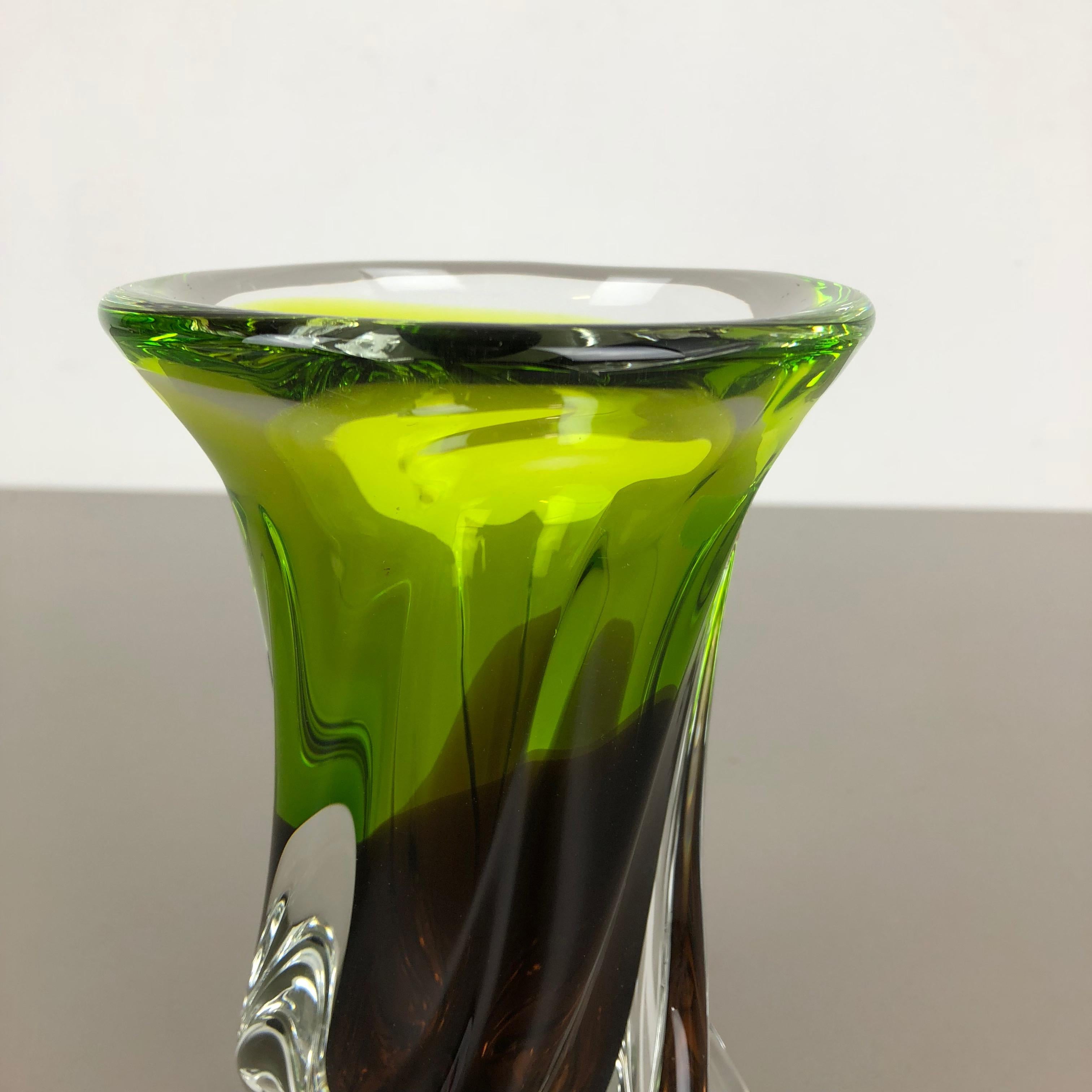 Large Vintage Green Brown Hand Blown Crystal Glass Vase by Joska, Germany, 1970s For Sale 5