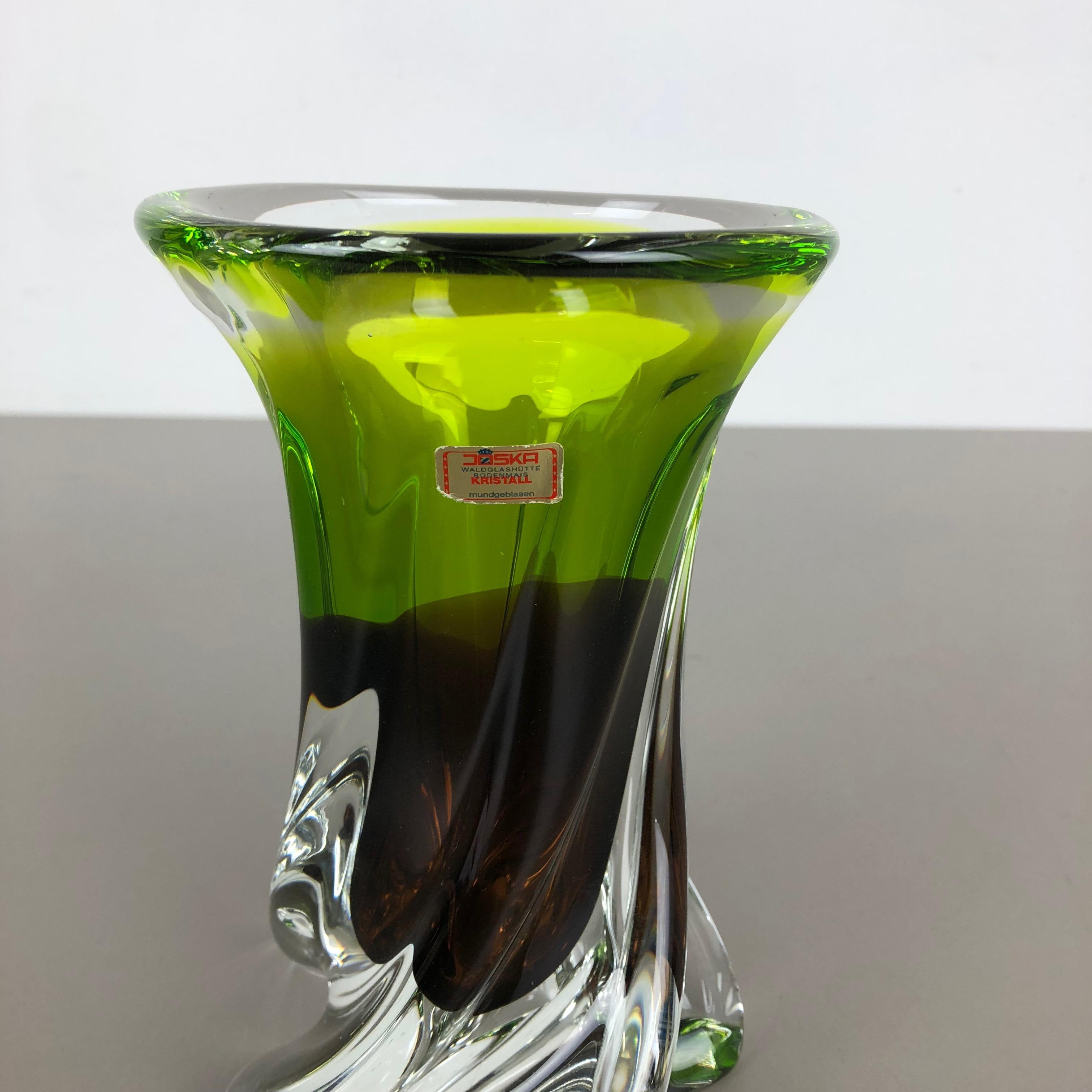 20th Century Large Vintage Green Brown Hand Blown Crystal Glass Vase by Joska, Germany, 1970s For Sale