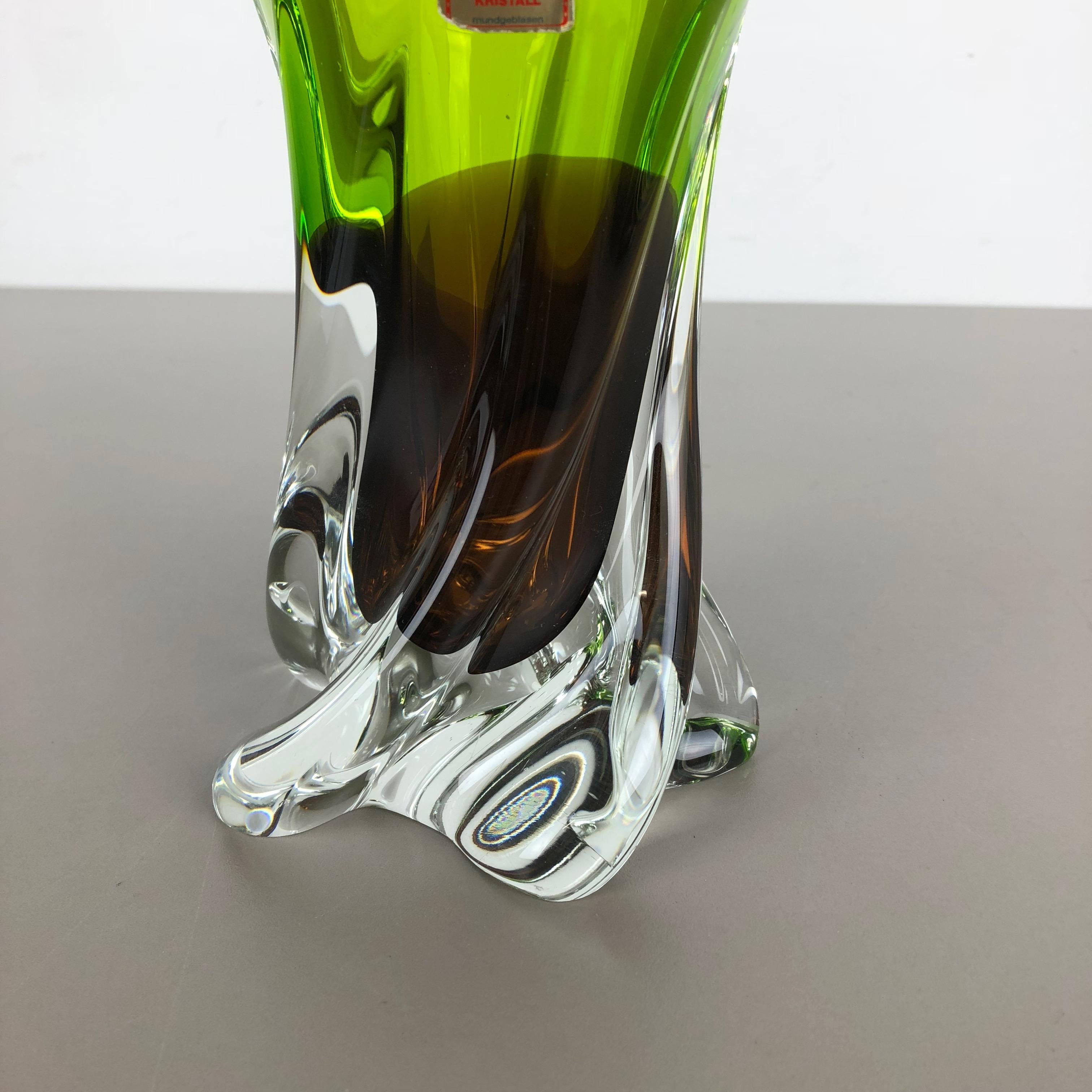 Large Vintage Green Brown Hand Blown Crystal Glass Vase by Joska, Germany, 1970s For Sale 1