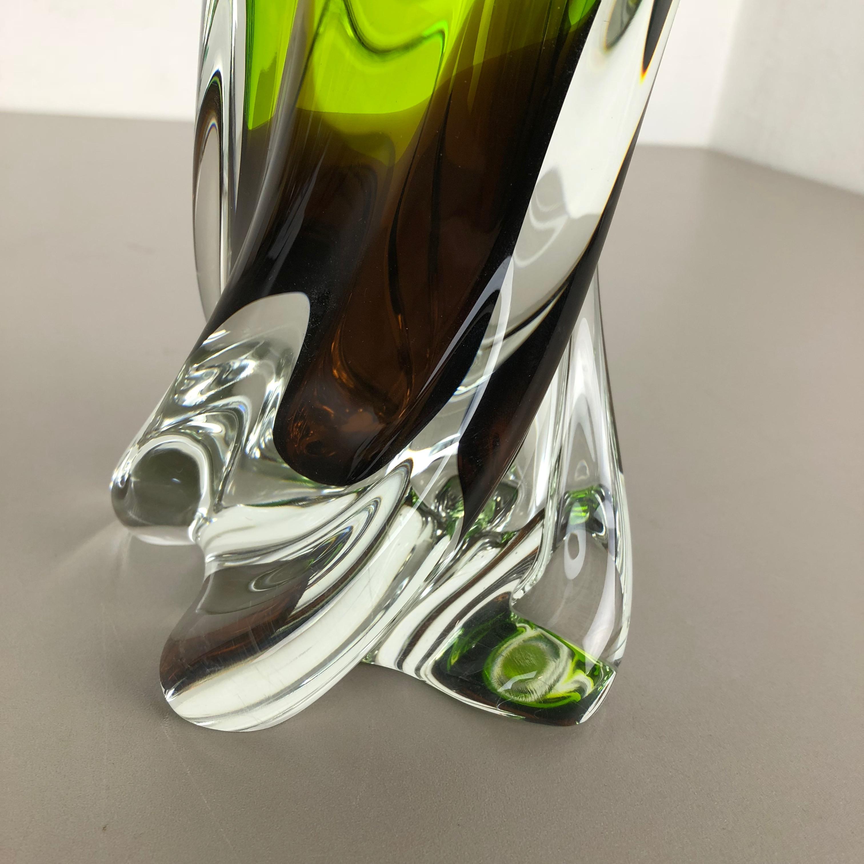 Large Vintage Green Brown Hand Blown Crystal Glass Vase by Joska, Germany, 1970s For Sale 2