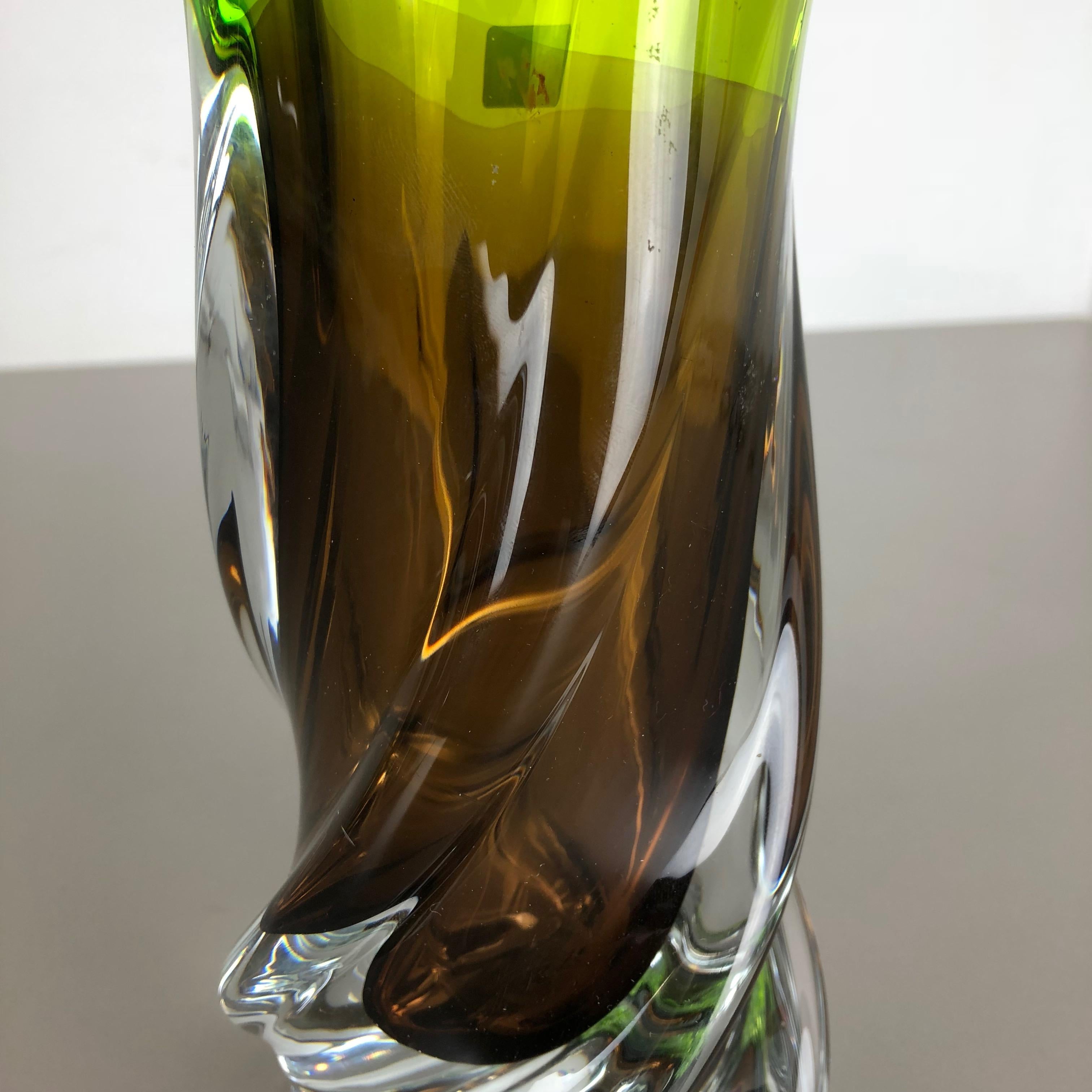 Large Vintage Green brown Hand Blown Crystal Glass Vase by Joska, Germany, 1970s For Sale 1