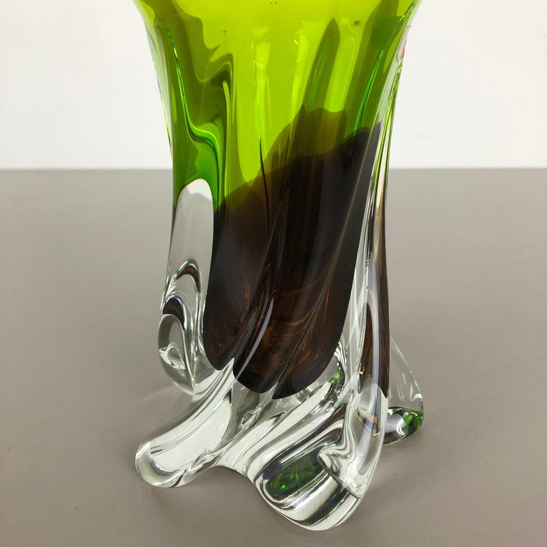 Large Vintage Green Brown Hand Blown Crystal Glass Vase by Joska