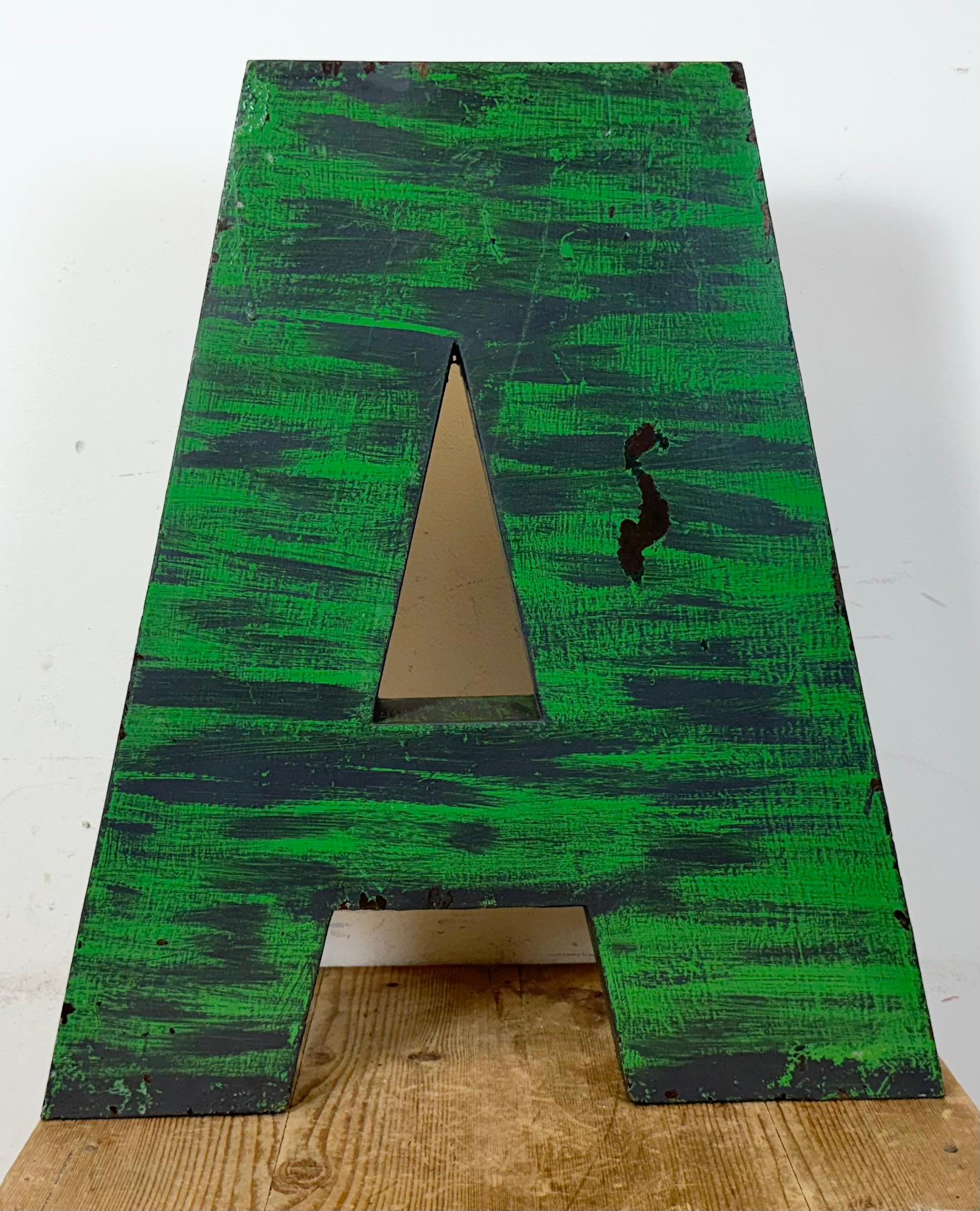 Industrial Large Vintage Green Iron Facade Letter A, 1970s For Sale