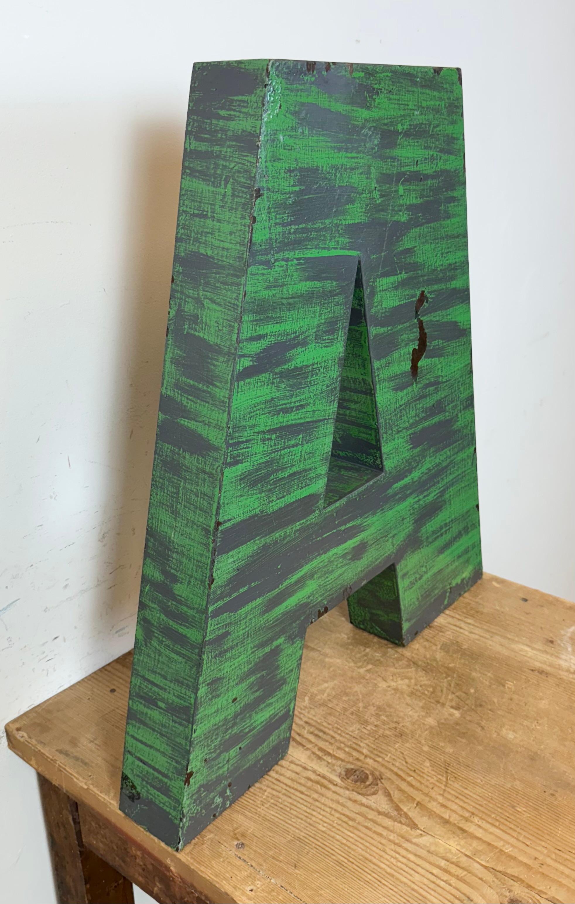 Large Vintage Green Iron Facade Letter A, 1970s In Good Condition For Sale In Kojetice, CZ