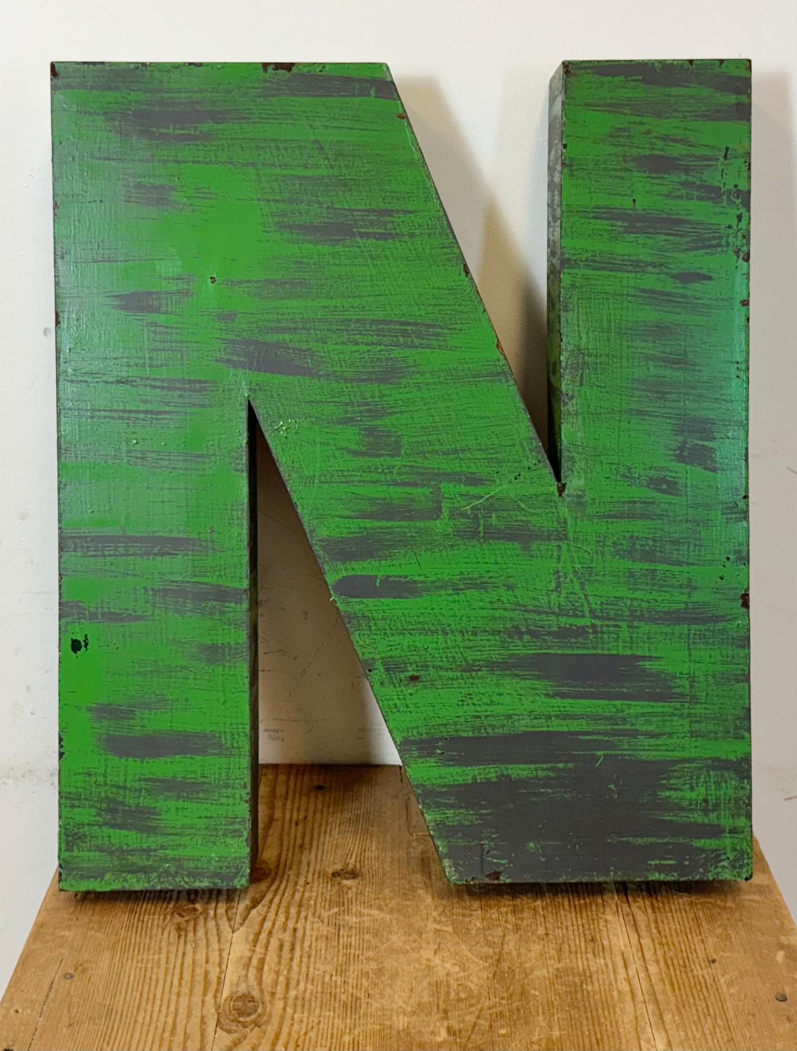 Industrial Large Vintage Green Iron Facade Letter N , 1970s For Sale
