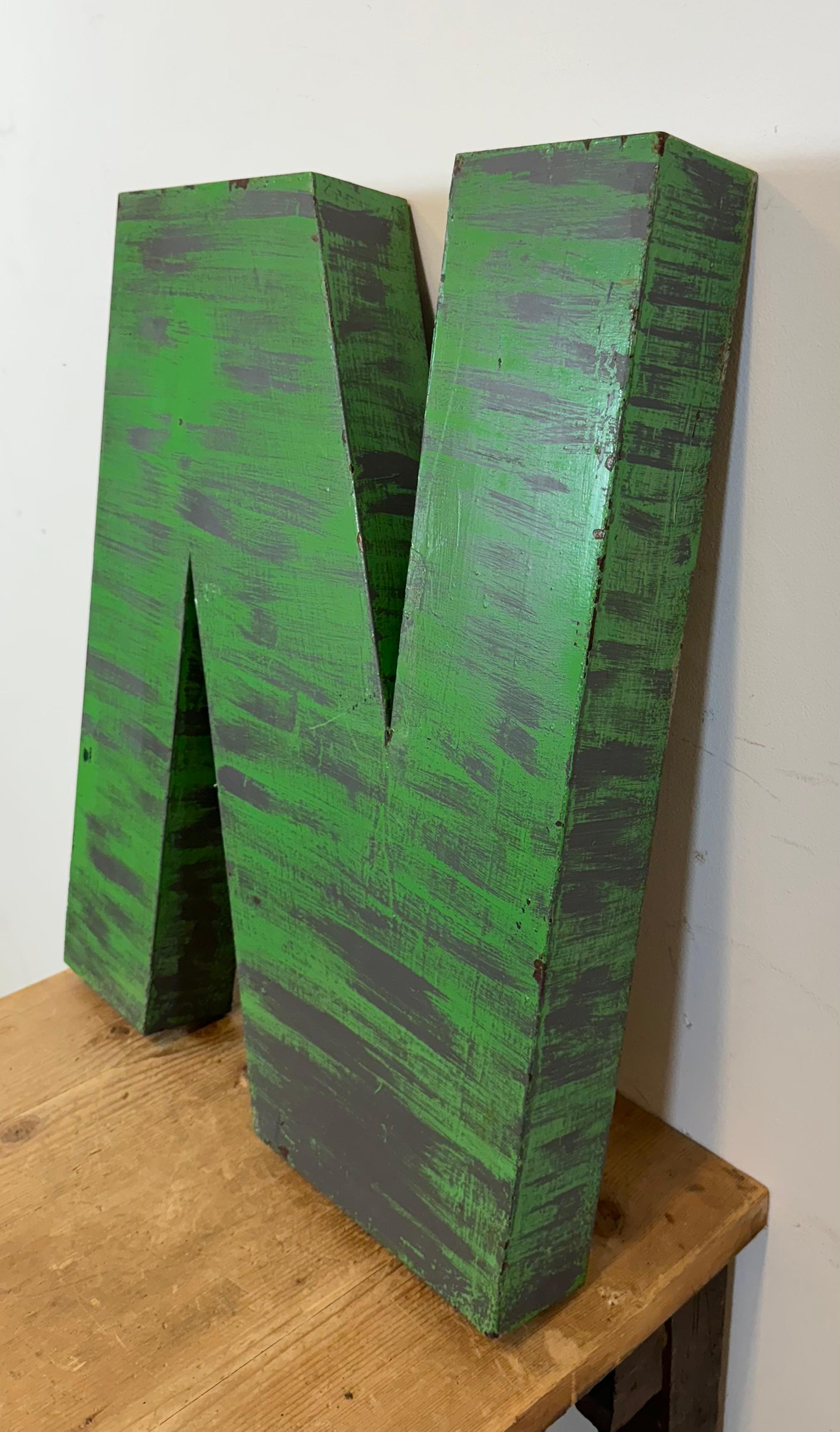 Czech Large Vintage Green Iron Facade Letter N , 1970s For Sale