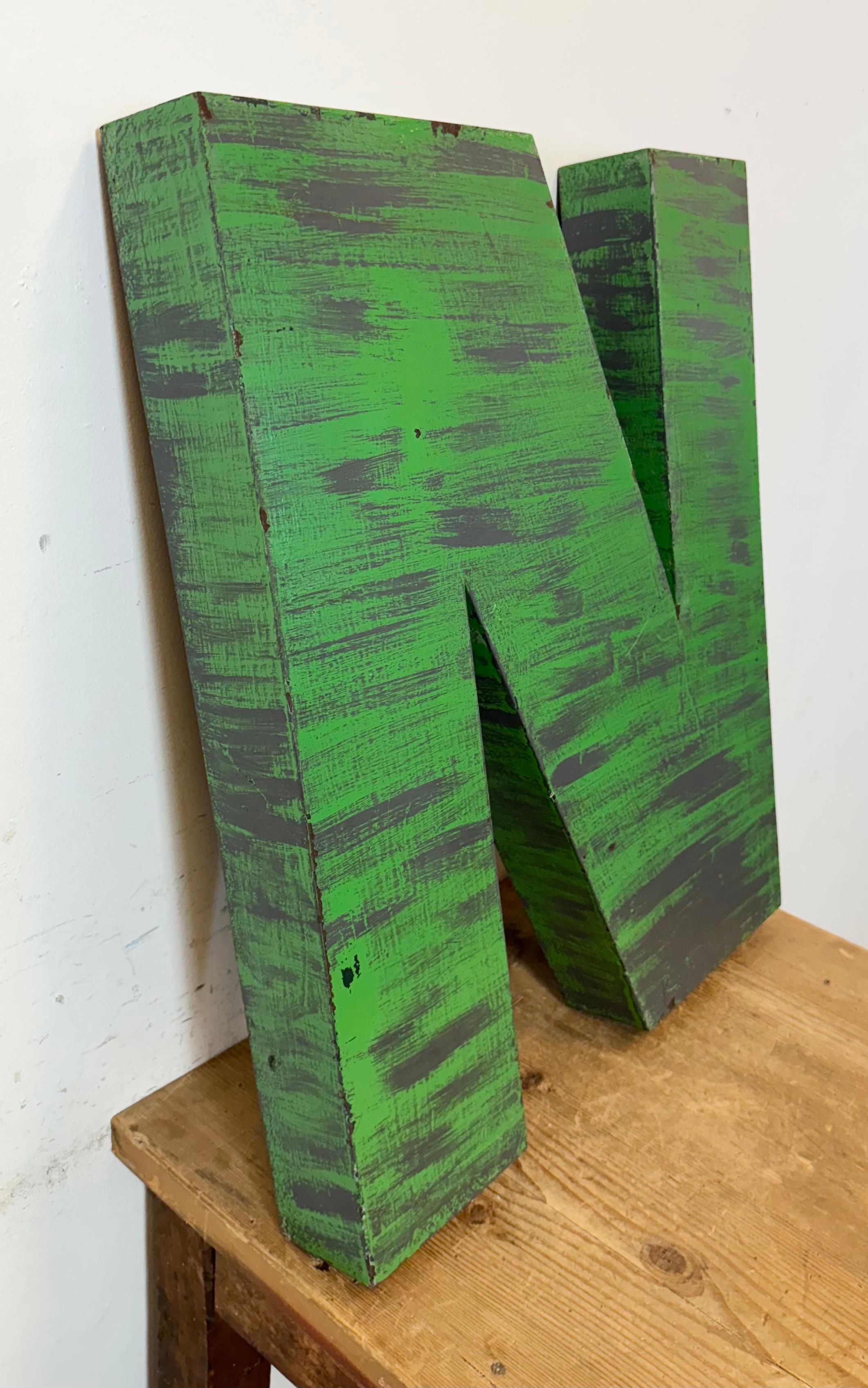 Late 20th Century Large Vintage Green Iron Facade Letter N , 1970s For Sale