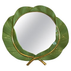 Large Vintage Green Lacquered and Gold Leaf Banana Leaves Tropical Wall Mirror