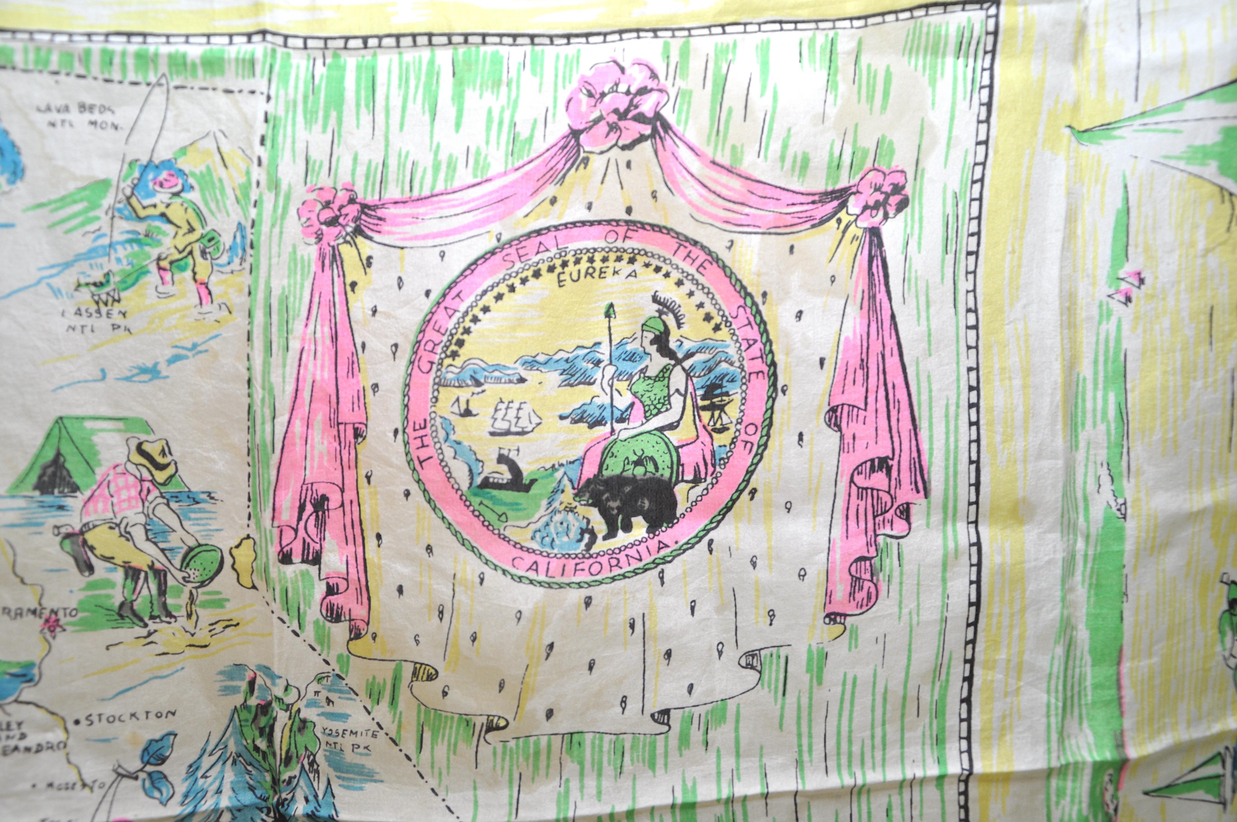 Large vintage green pink yellow blue silk scarf California America themes

Beautiful and rare vintage silk scarf 

Very pretty, multicolored, joyous, fun, documenting a period in time, historical, sentimental

Very striking and eye-catching