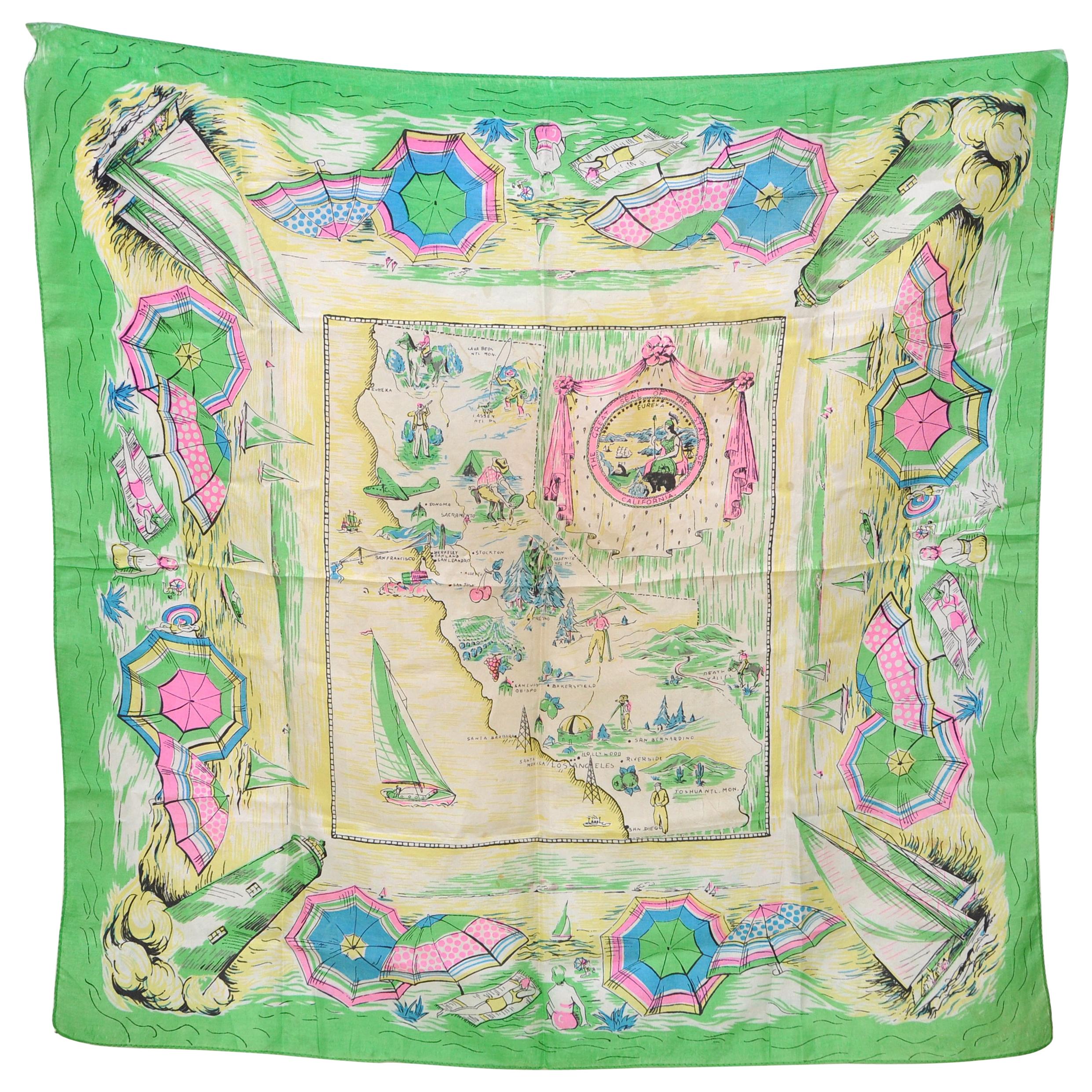 Large Vintage Green Pink Yellow Blue Silk Scarf California America Themes