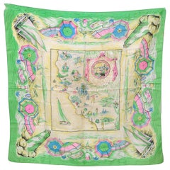 Large Vintage Green Pink Yellow Blue Silk Scarf California America Themes