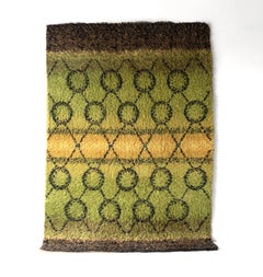 Large Vintage Green Wool Shag Rug , Mid Century Rya Carpet 1960s