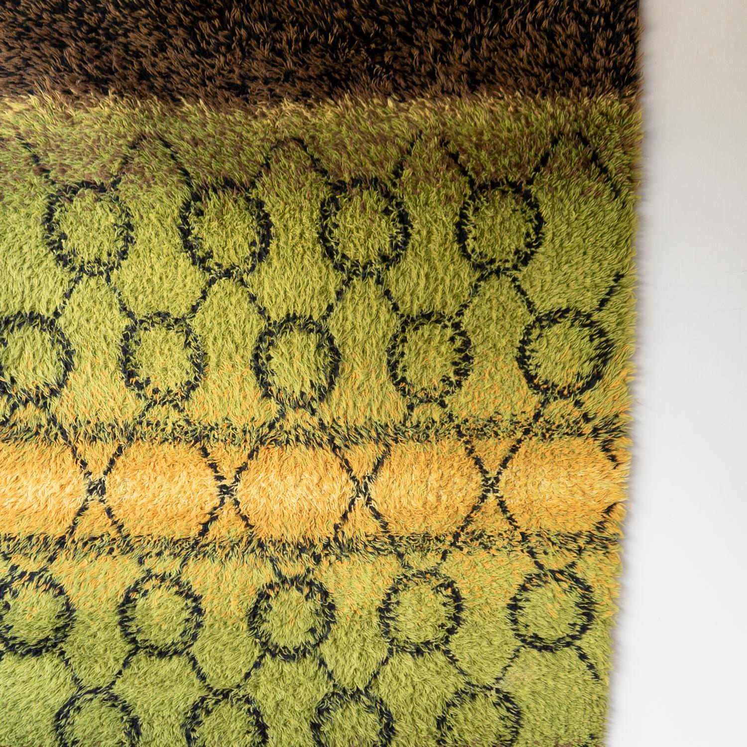 20th Century Large Vintage Green Wool Shag Rug , Mid Century Rya Carpet 1960s
