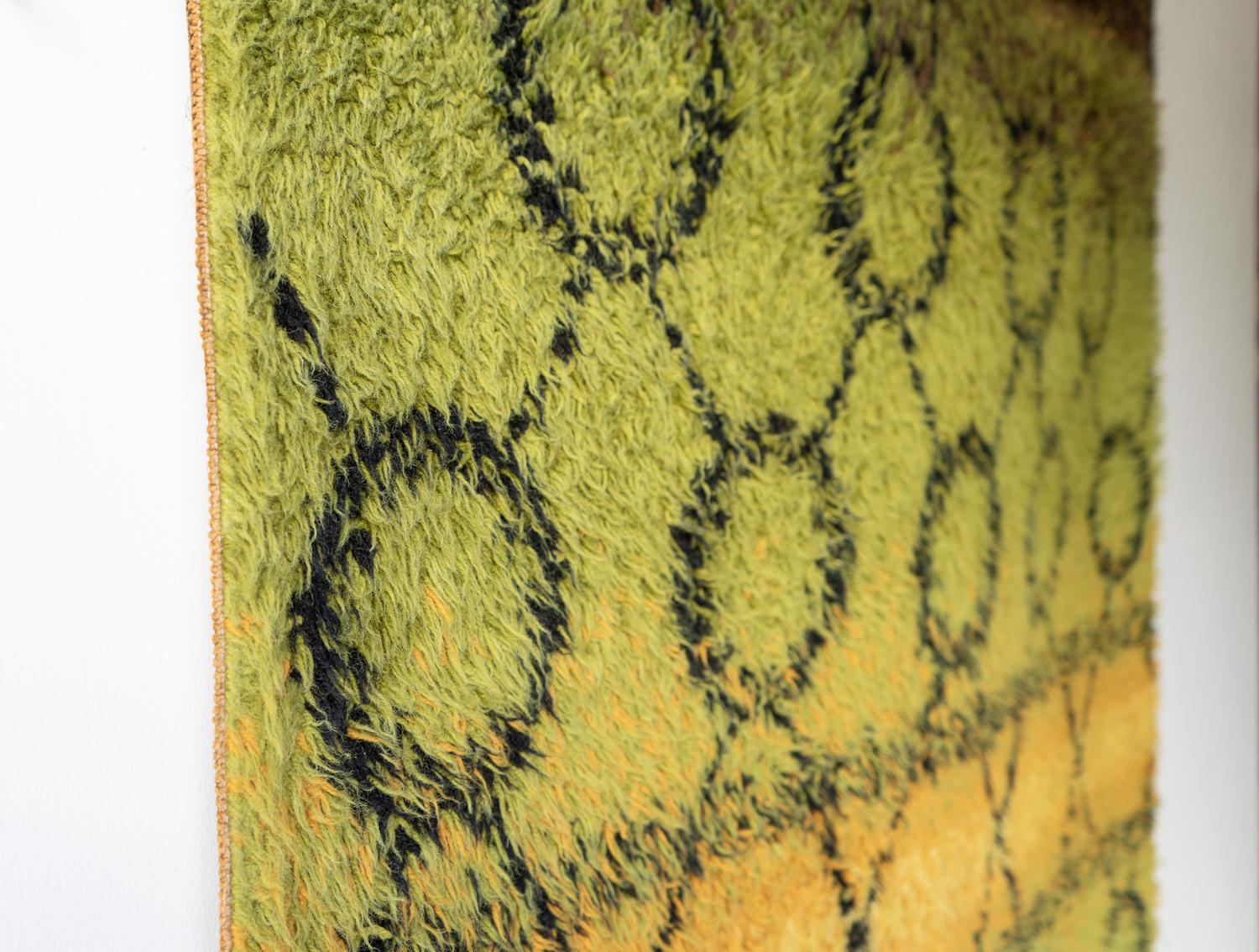 Large Vintage Green Wool Shag Rug , Mid Century Rya Carpet 1960s 1
