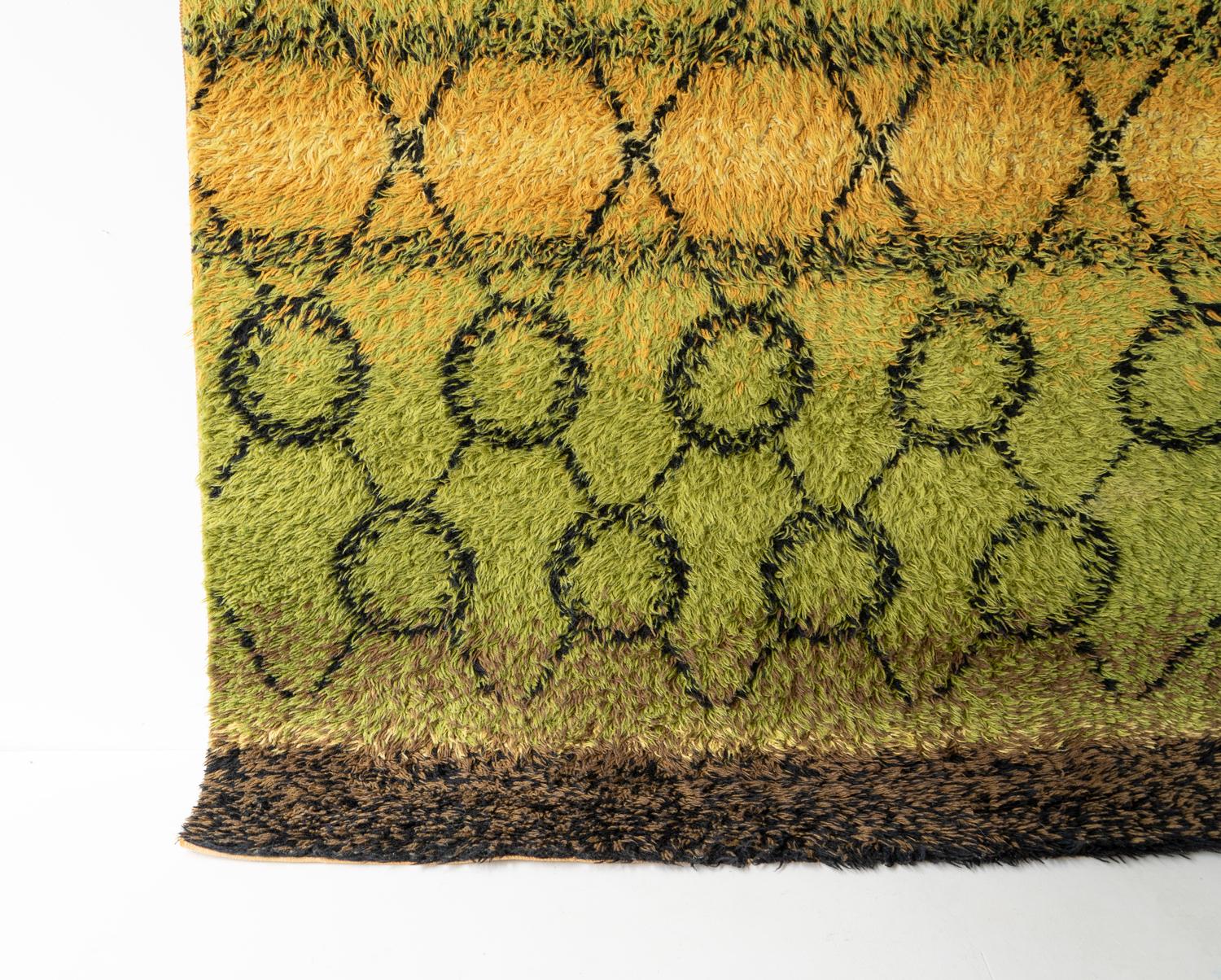 Large Vintage Green Wool Shag Rug , Mid Century Rya Carpet 1960s 2