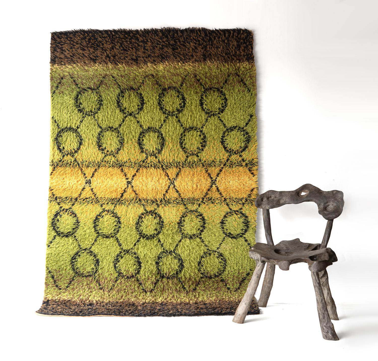 Large Vintage Green Wool Shag Rug , Mid Century Rya Carpet 1960s 3