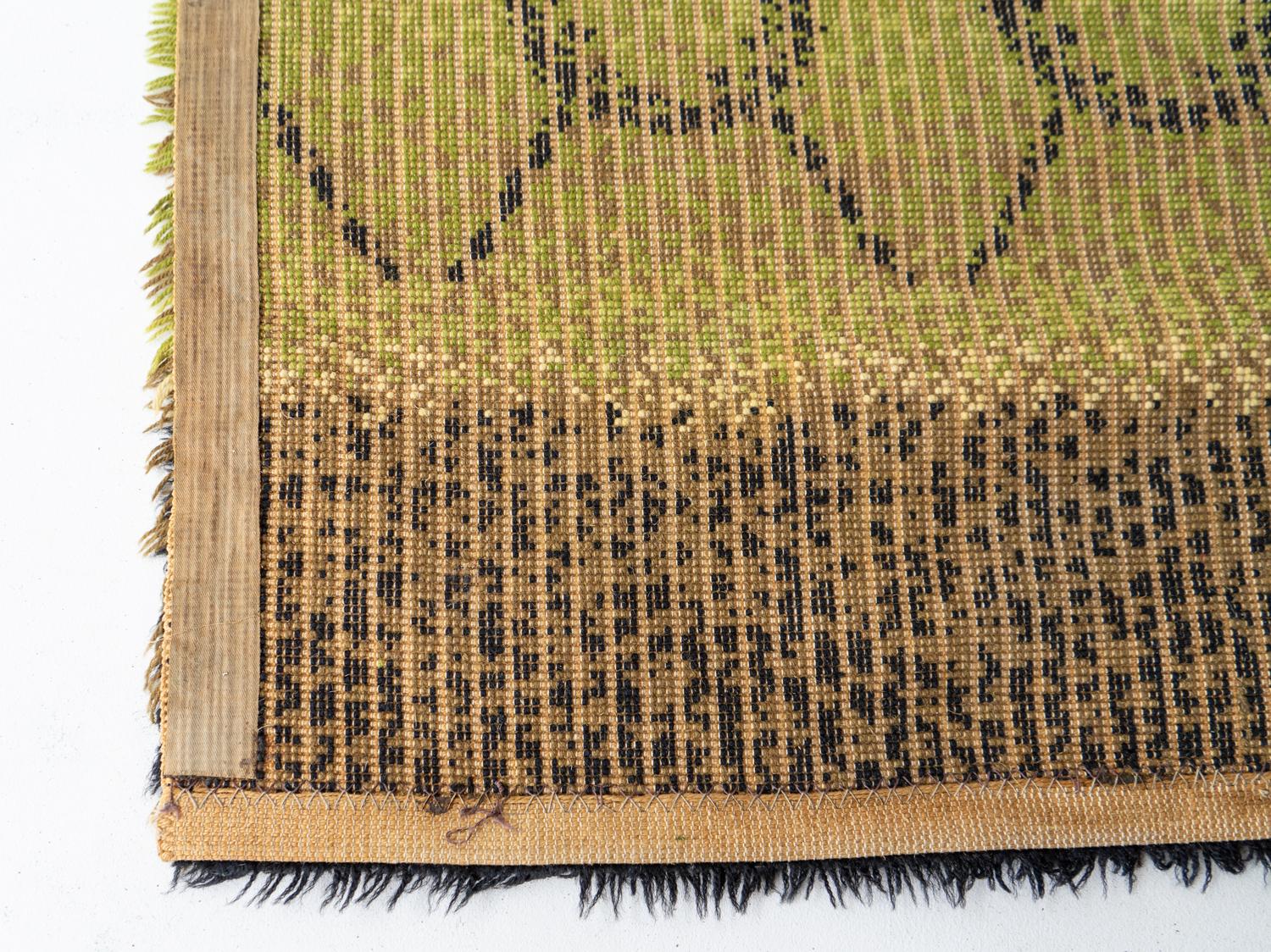 Large Vintage Green Wool Shag Rug , Mid Century Rya Carpet 1960s 4