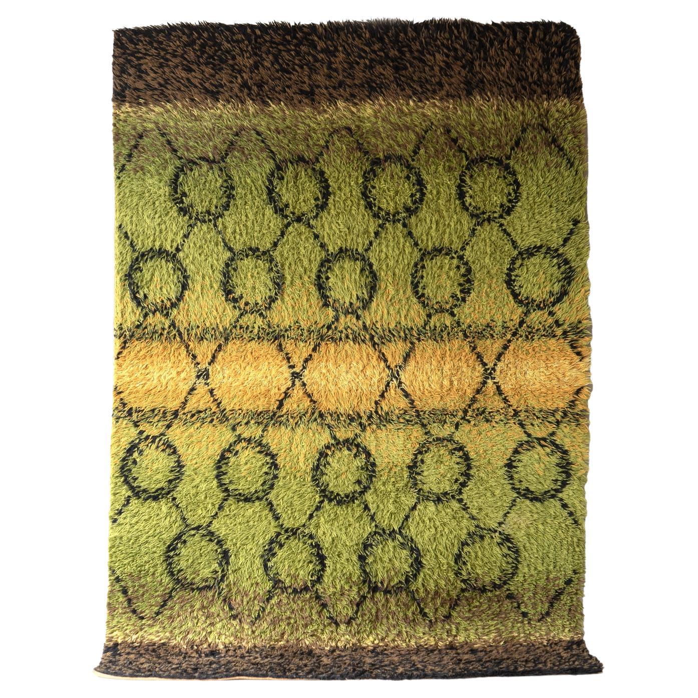 Large Vintage Green Wool Shag Rug , Mid Century Rya Carpet 1960s