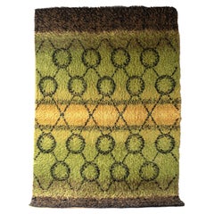 Large Vintage Green Wool Shag Rug , Mid Century Rya Carpet 1960s