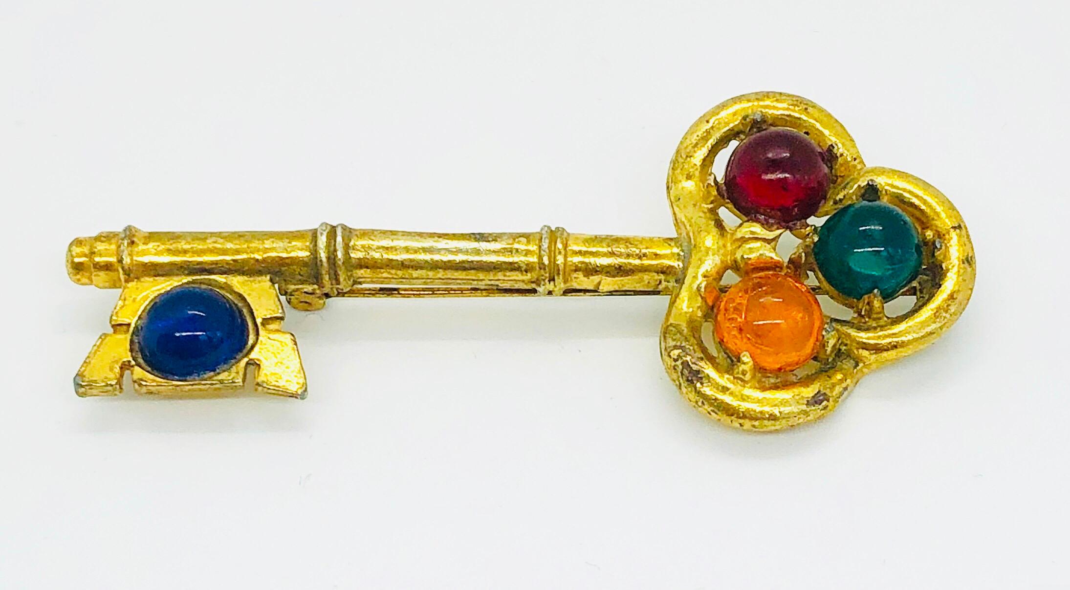Large Vintage Gripoix Gold Blue, Red, Green Orange Novelty Key Brooch Pin For Sale 6