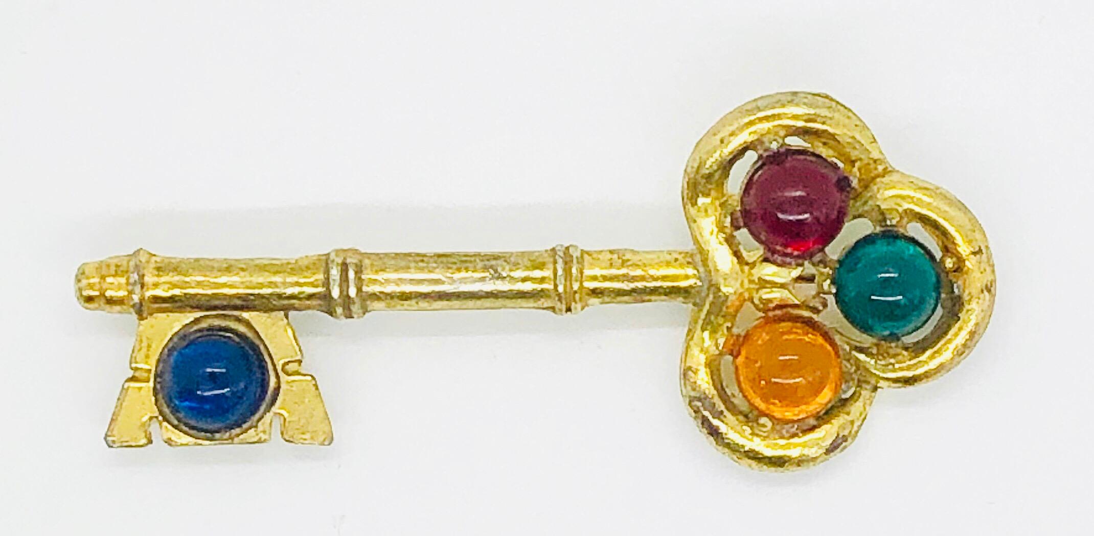 Large Vintage Gripoix Gold Blue, Red, Green Orange Novelty Key Brooch Pin For Sale 7