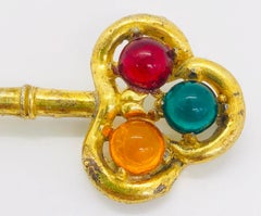 Large Vintage Gripoix Gold Blue, Red, Green Orange Novelty Key Brooch Pin