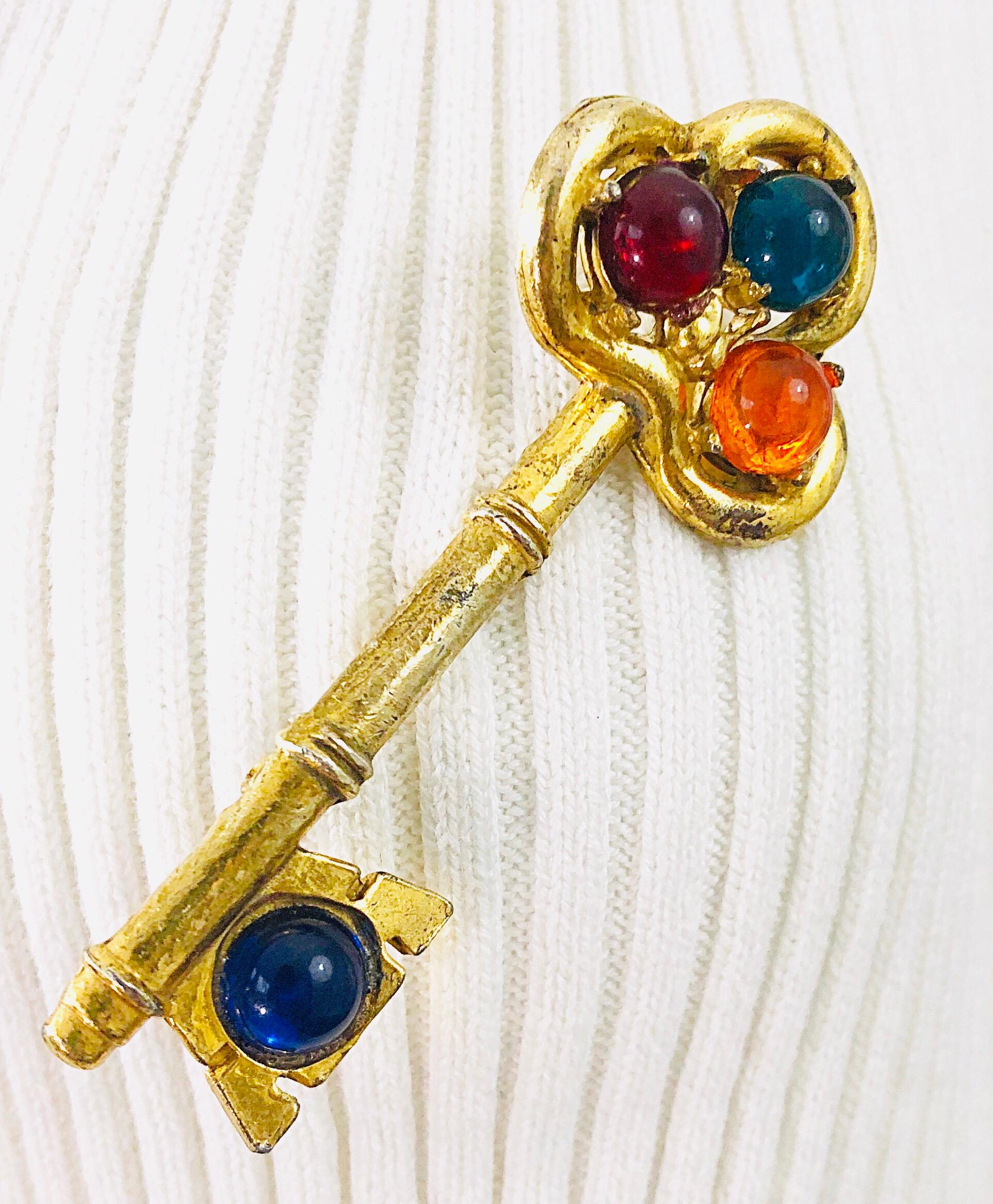 Women's Large Vintage Gripoix Gold Blue, Red, Green Orange Novelty Key Brooch Pin For Sale