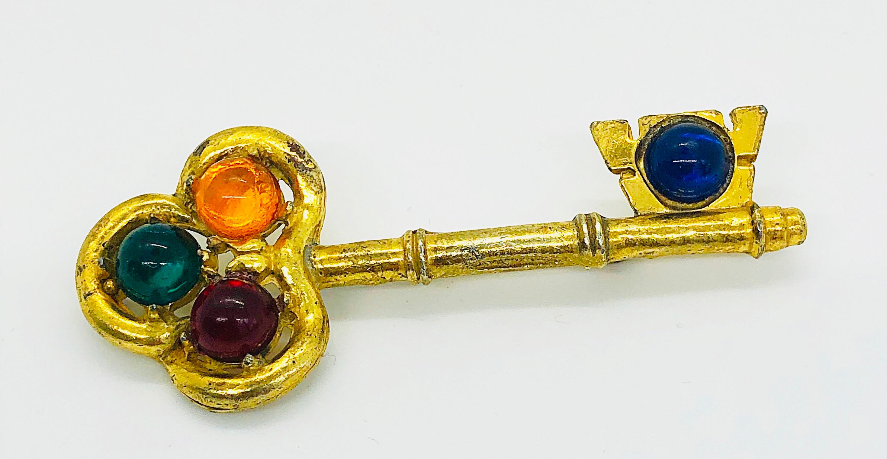 Large Vintage Gripoix Gold Blue, Red, Green Orange Novelty Key Brooch Pin For Sale 1