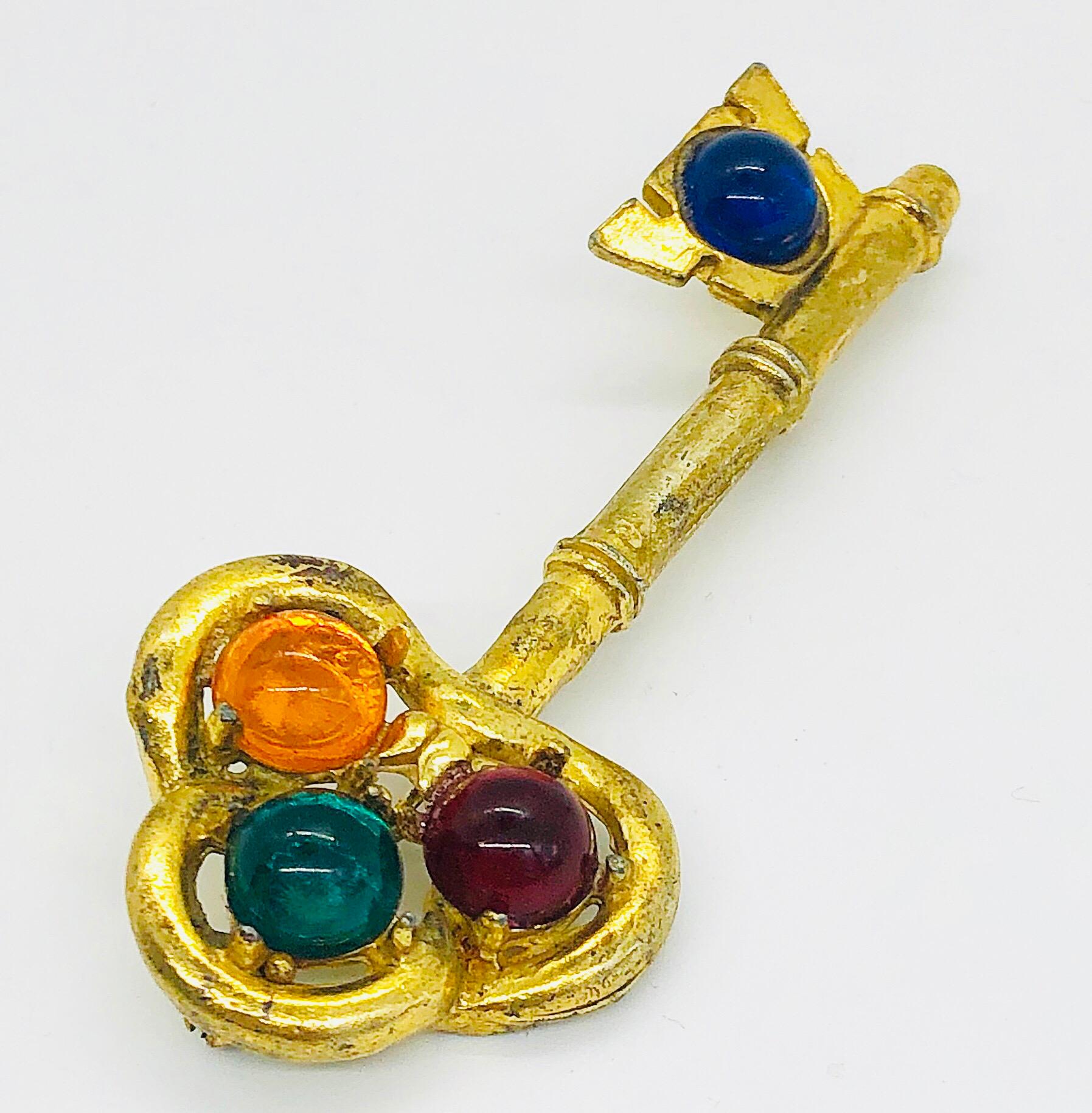 Large Vintage Gripoix Gold Blue, Red, Green Orange Novelty Key Brooch Pin For Sale 2