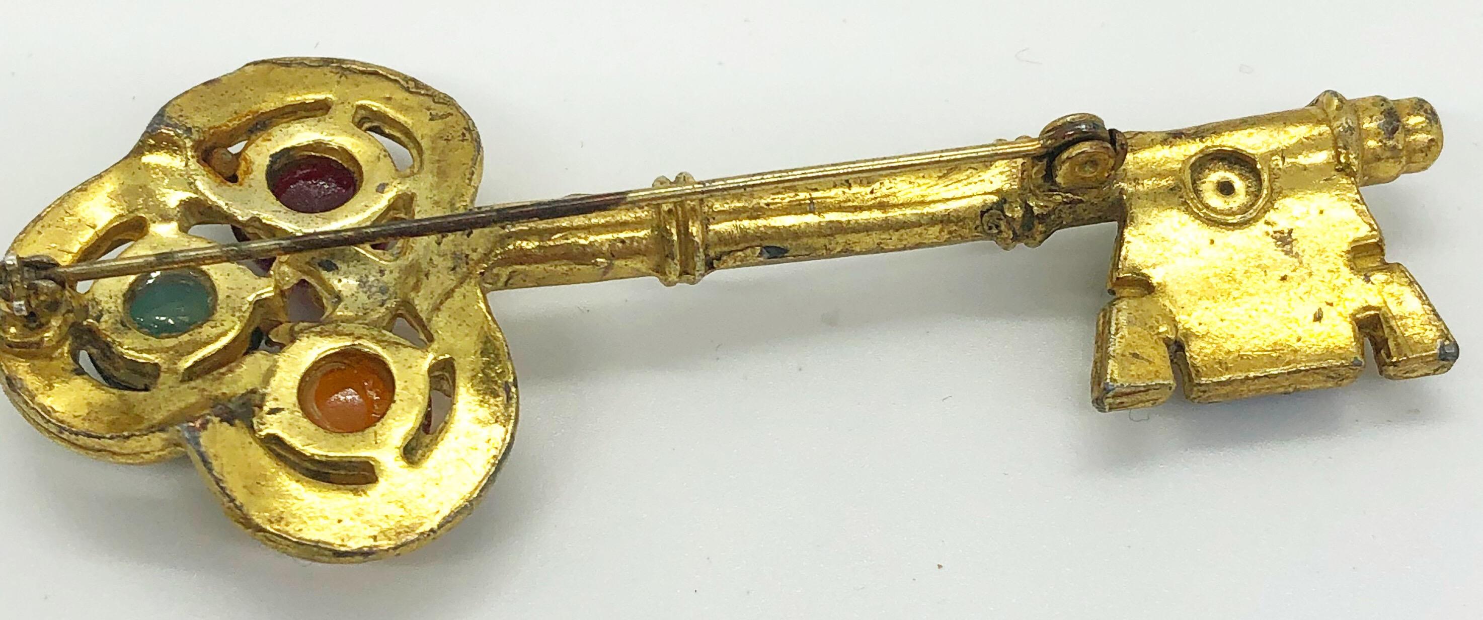 Large Vintage Gripoix Gold Blue, Red, Green Orange Novelty Key Brooch Pin For Sale 3