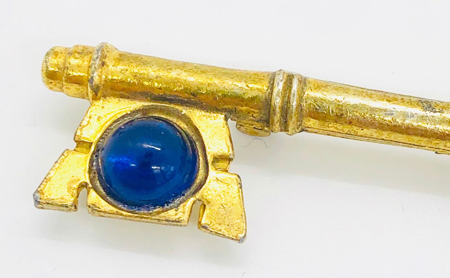 Large Vintage Gripoix Gold Blue, Red, Green Orange Novelty Key Brooch Pin For Sale 4