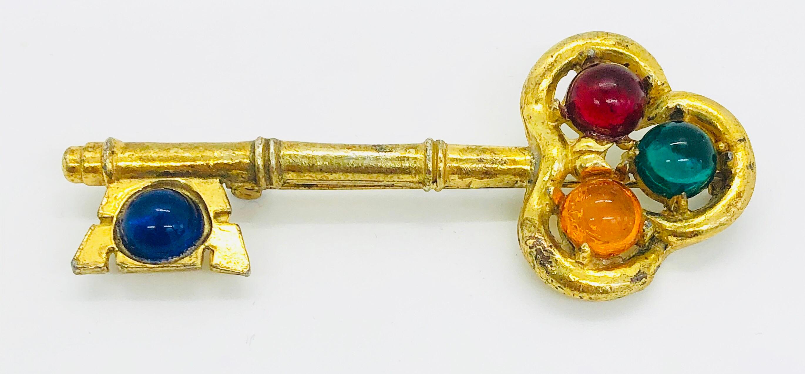 Large Vintage Gripoix Gold Blue, Red, Green Orange Novelty Key Brooch Pin For Sale 5