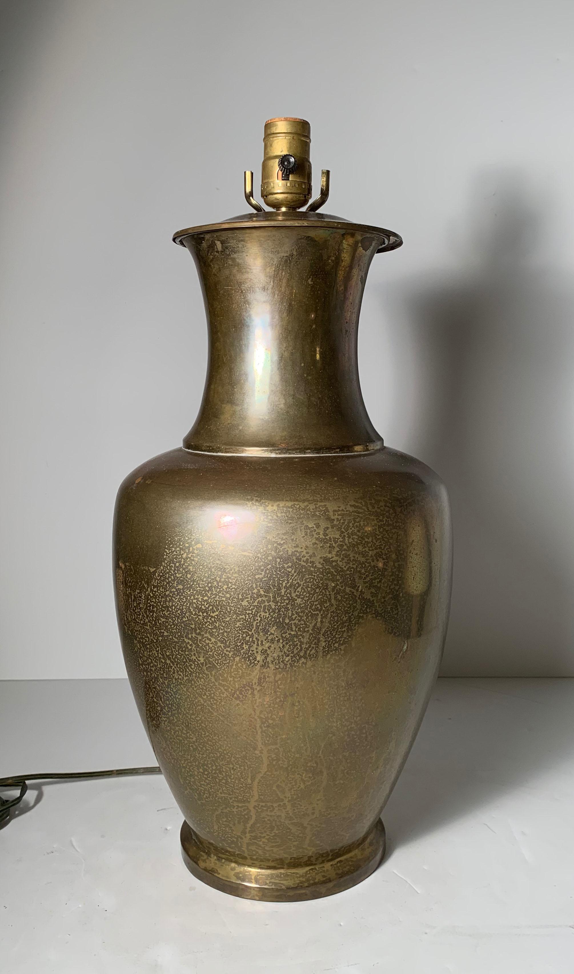 Large vintage hammered brass decorator table lamp by Kovacs. Should clean up beautifully. Starting to patina as shown. 