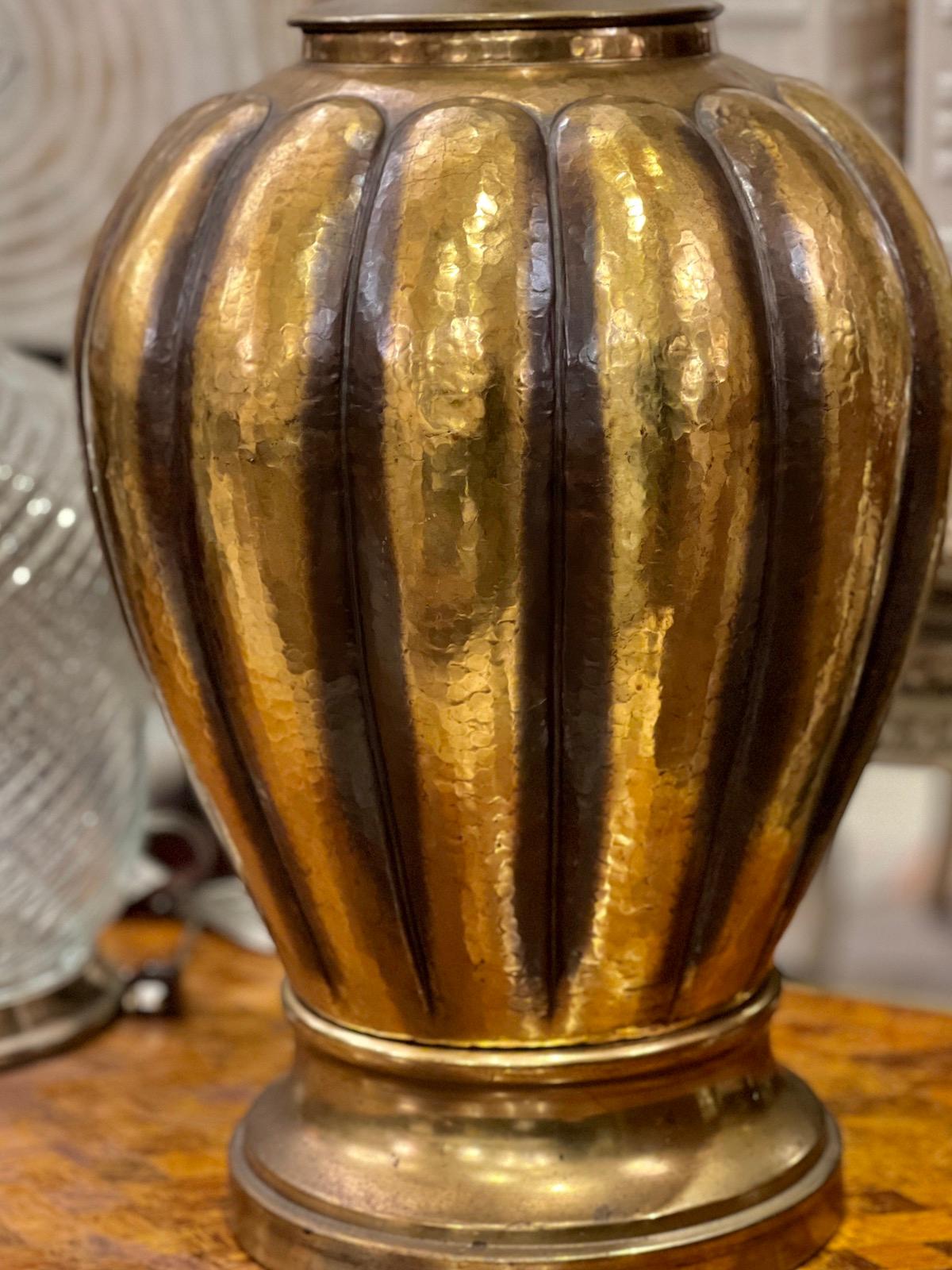 Large Vintage Hammered Brass Lamp In Good Condition For Sale In New York, NY