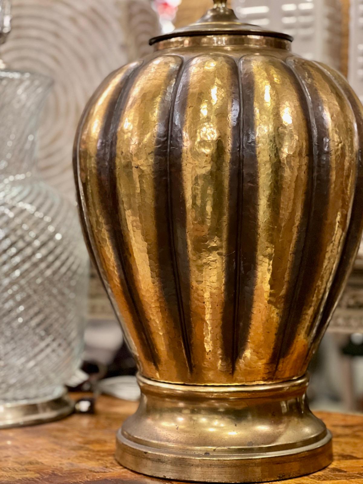 Large Vintage Hammered Brass Lamp For Sale 1