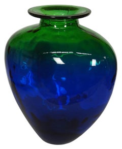 Large Vintage Hand Blown Art Glass Two Tone Blue Green Bottle Vase