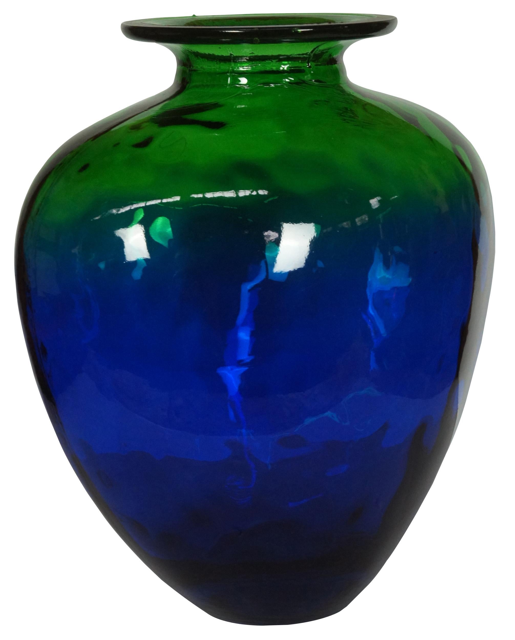 Large Vintage Hand Blown Art Glass Two Tone Blue Green Bottle Vase For Sale at 1stDibs blue