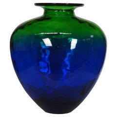 Large Vintage Hand Blown Art Glass Two Tone Blue Green Bottle Vase