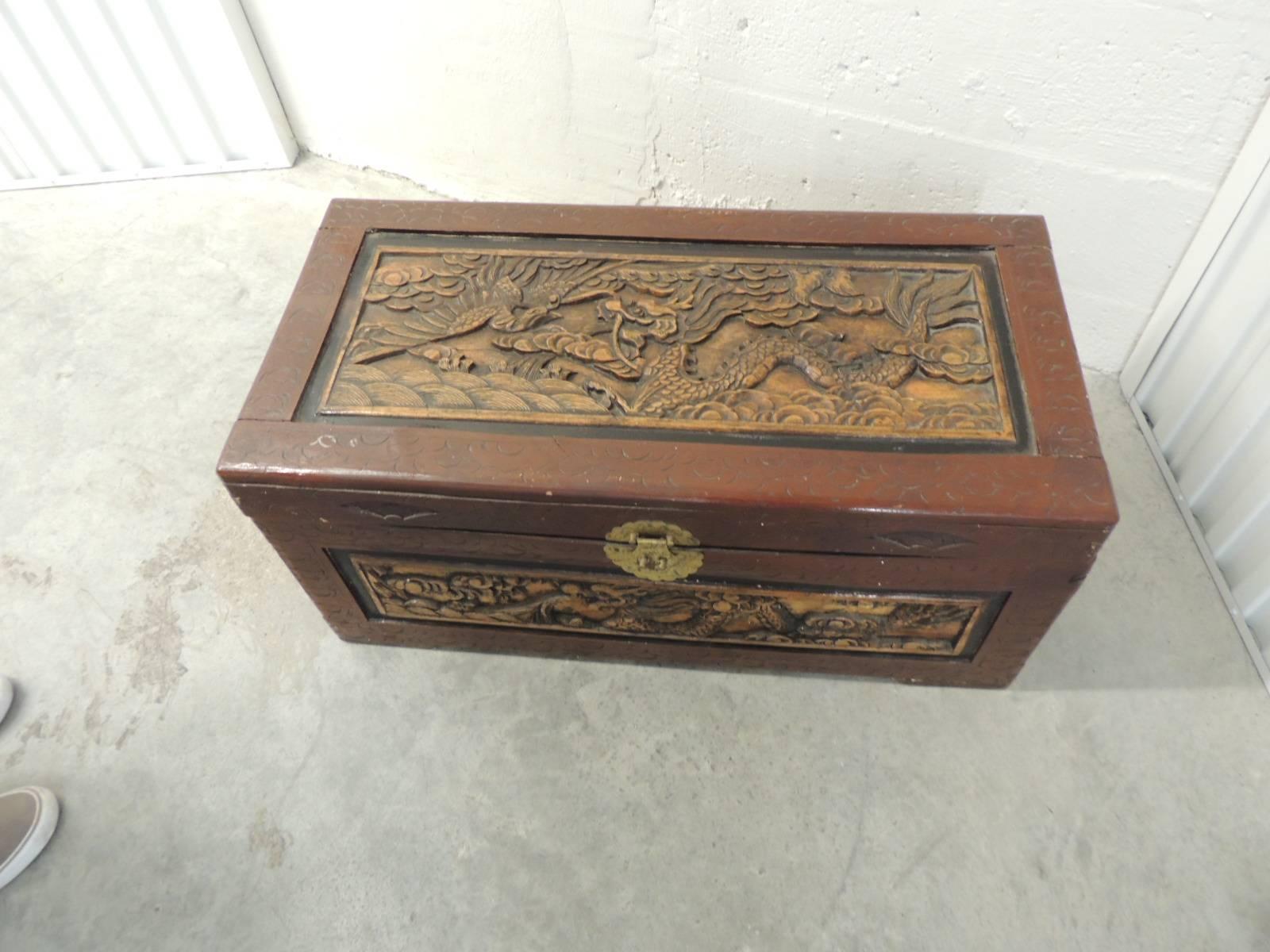 Vintage hand-carved Asian large cinnabar lacquered chest with cedar lined interior
Hand-carved vintage Asian large cinnabar lacquered chest with cedar lined interior. Carving Asian motif with dragons and cranes. hand-carved in all five sides.
