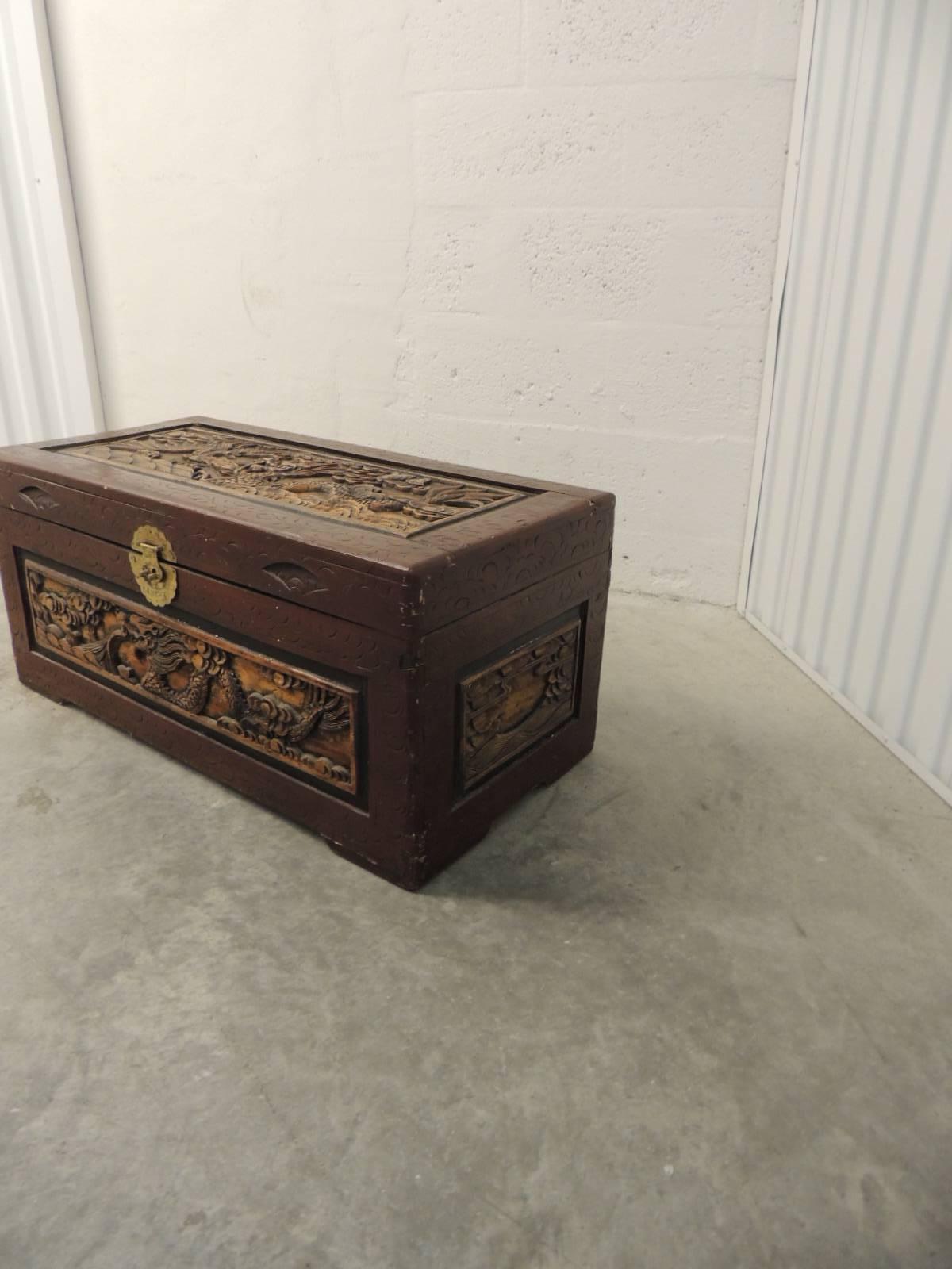 Chinese Export Large Vintage Hand-Carved Asian Large Cinnabar Lacquered Chest/Trunk